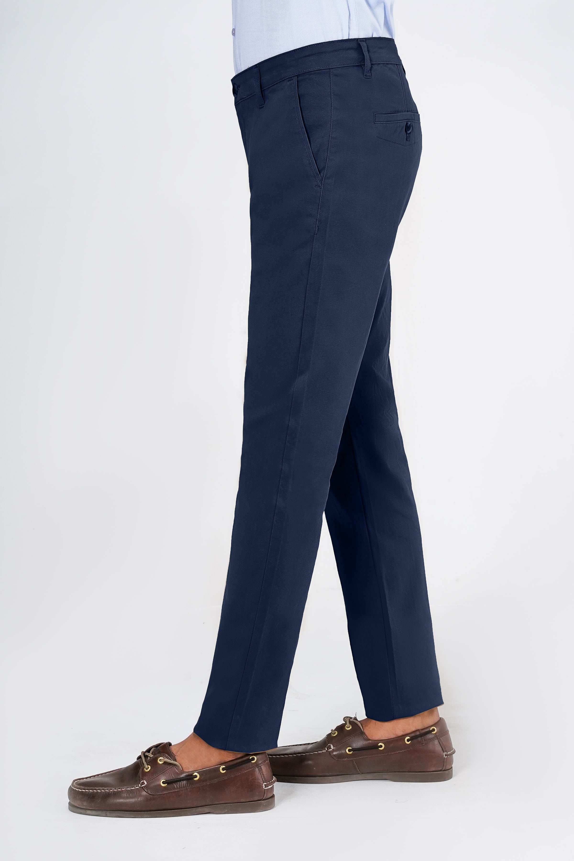Navy casual pants with straight legs and side pockets