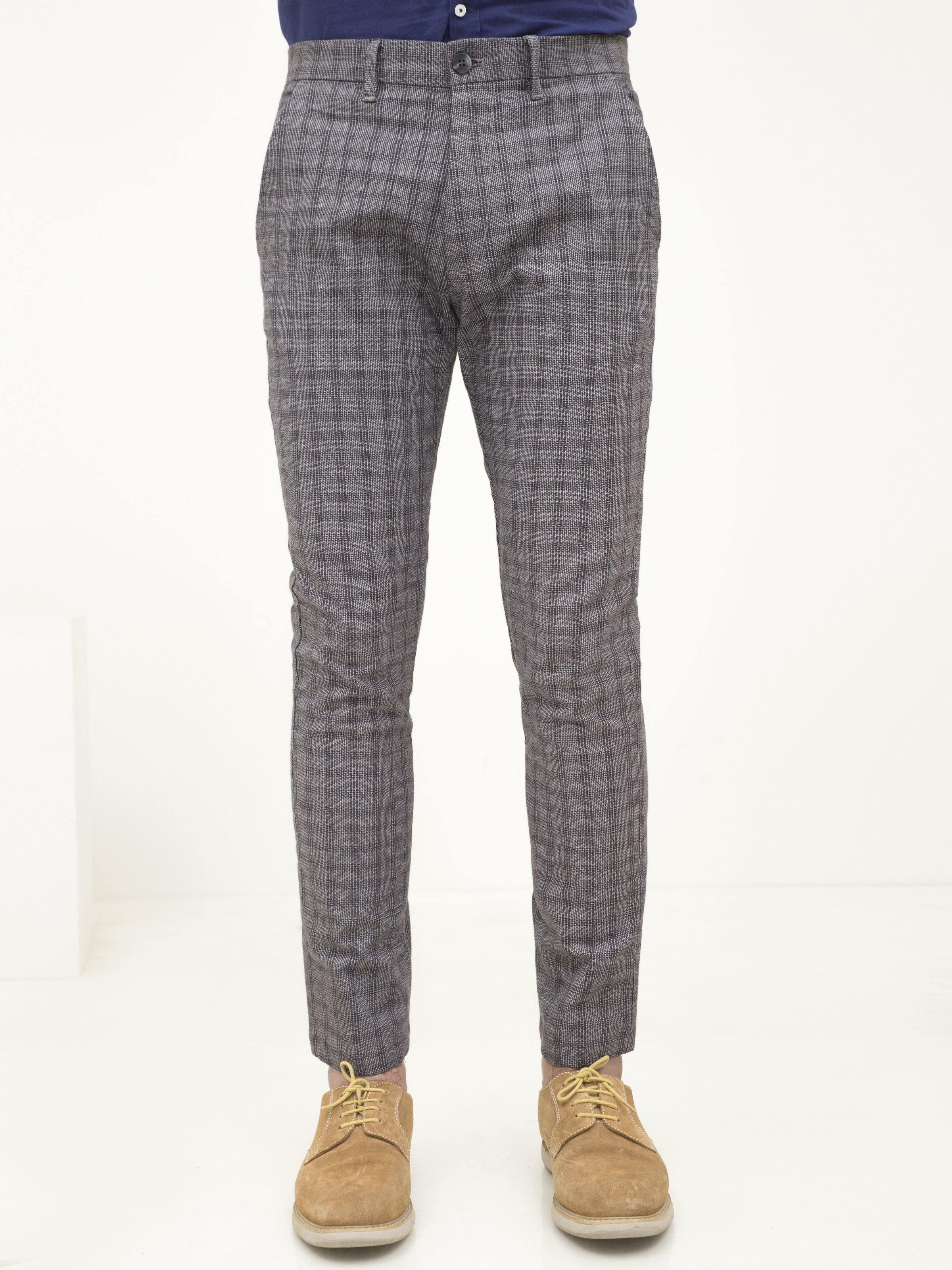 Grey plaid dress pants with straight legs, button closure, and belt loops