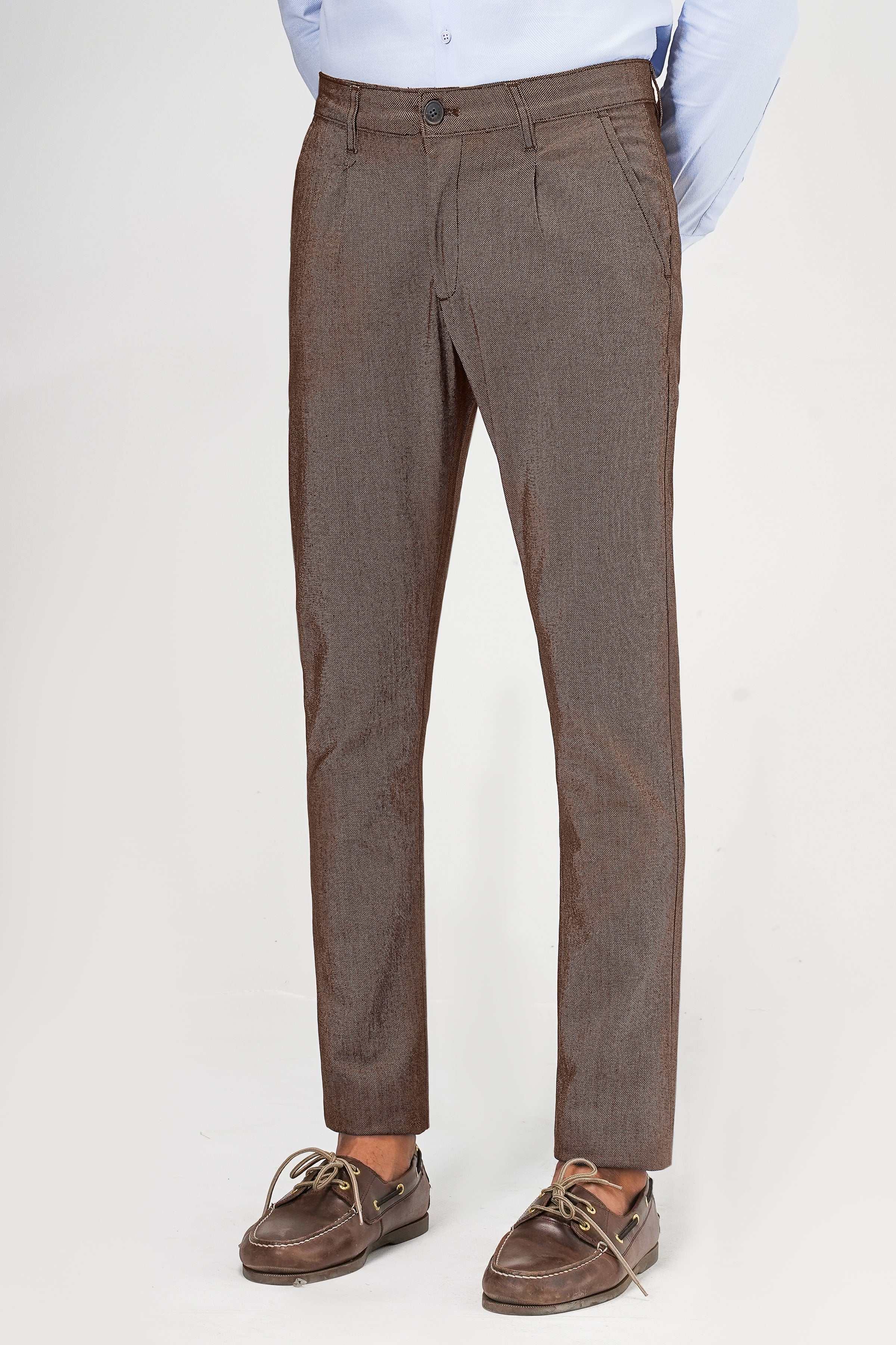 Textured camel-brown pants with button waist and straight tapered legs
