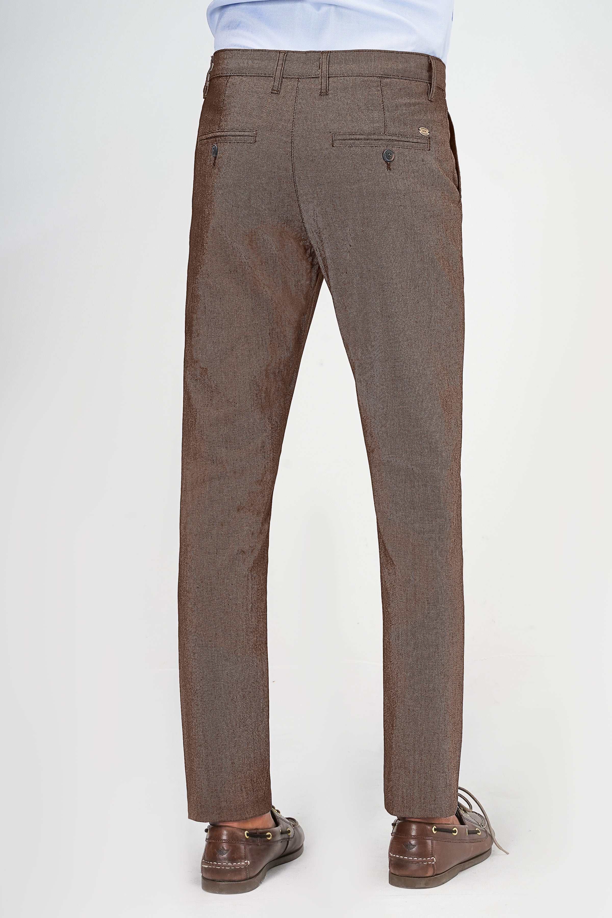 Textured camel-brown pants with belt loops and side seams, straight leg fit