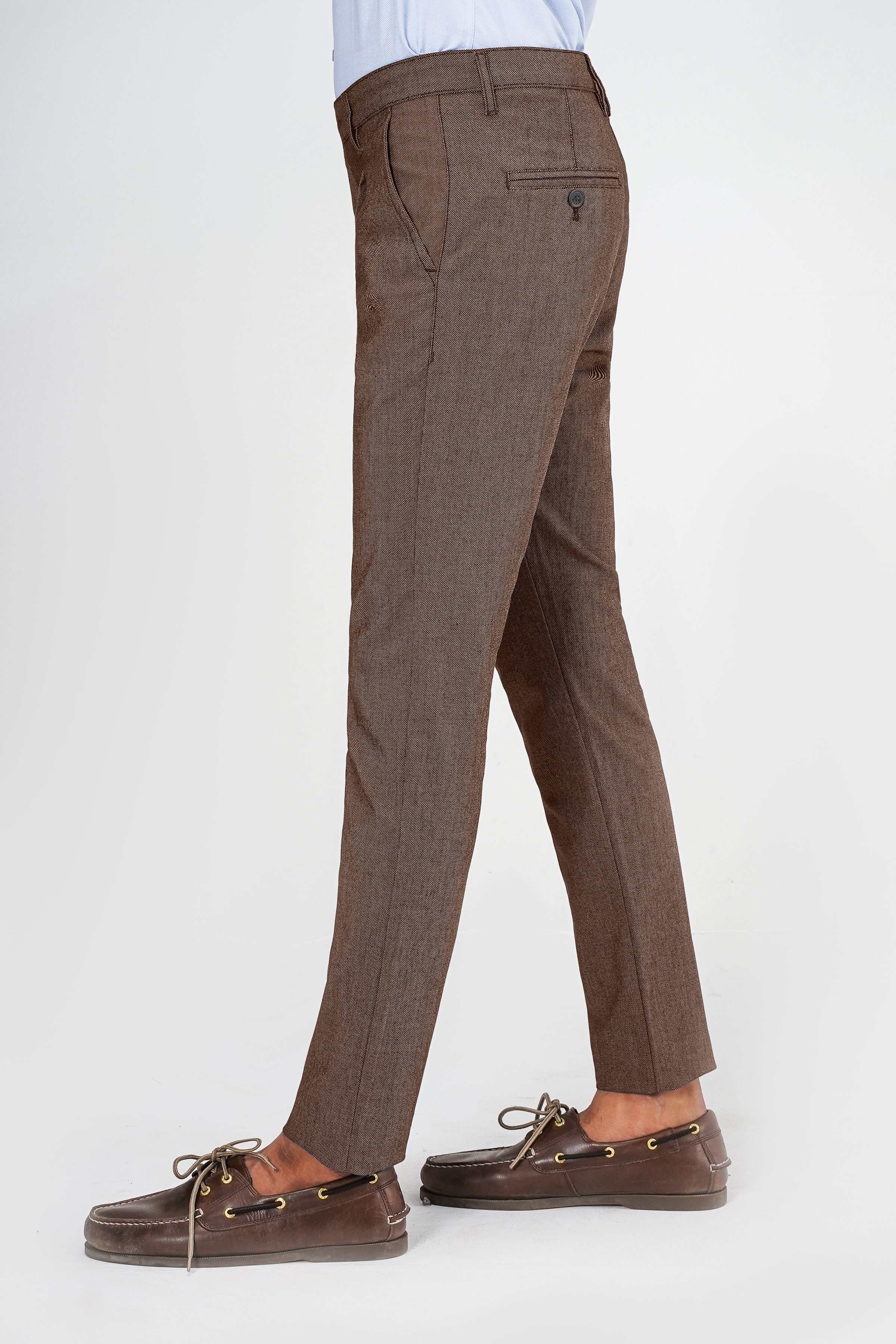 Textured camel-brown trousers with cross pockets, zip fly, and straight legs