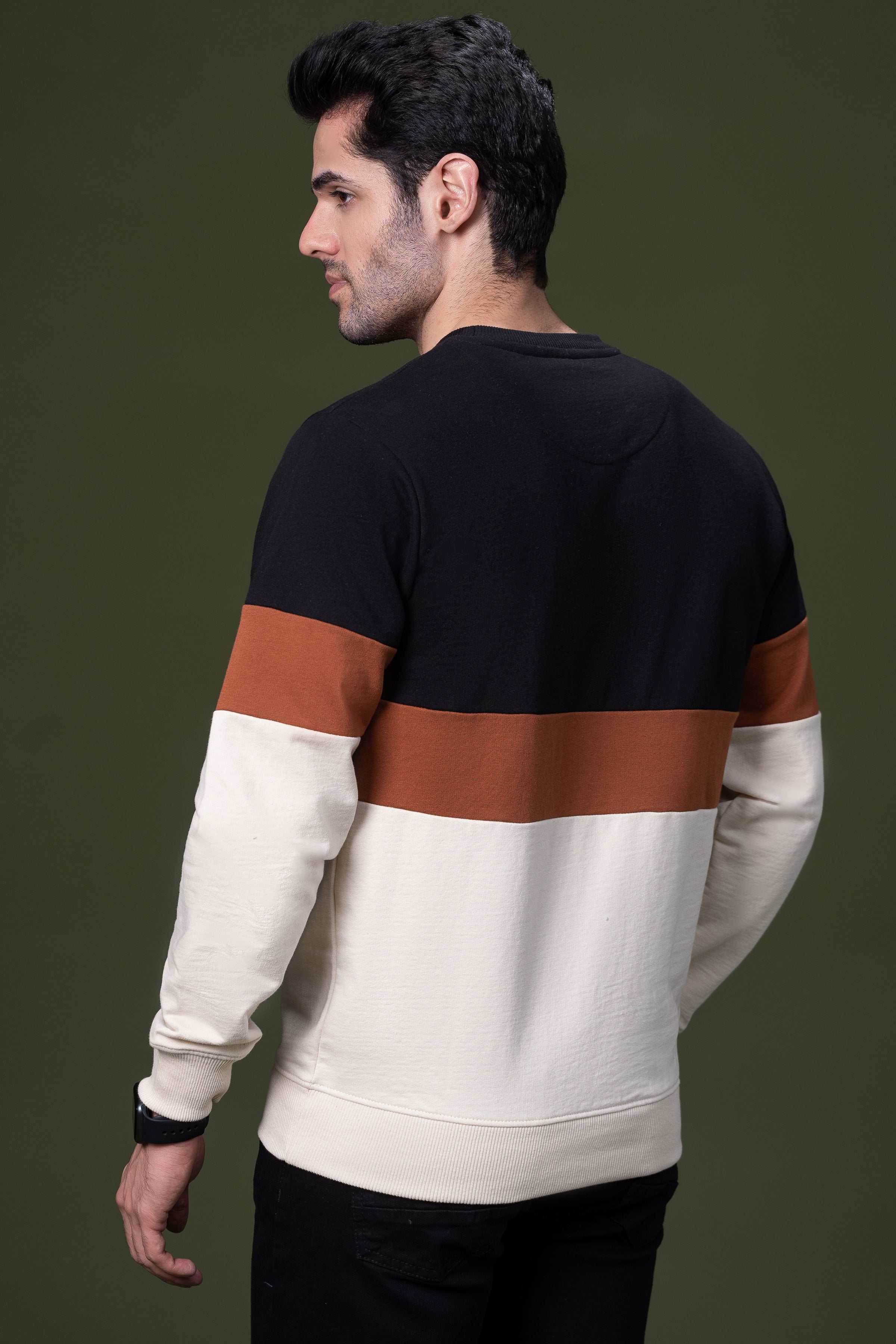 Back view colorblock sweatshirt, black shoulders with rust band and cream lower