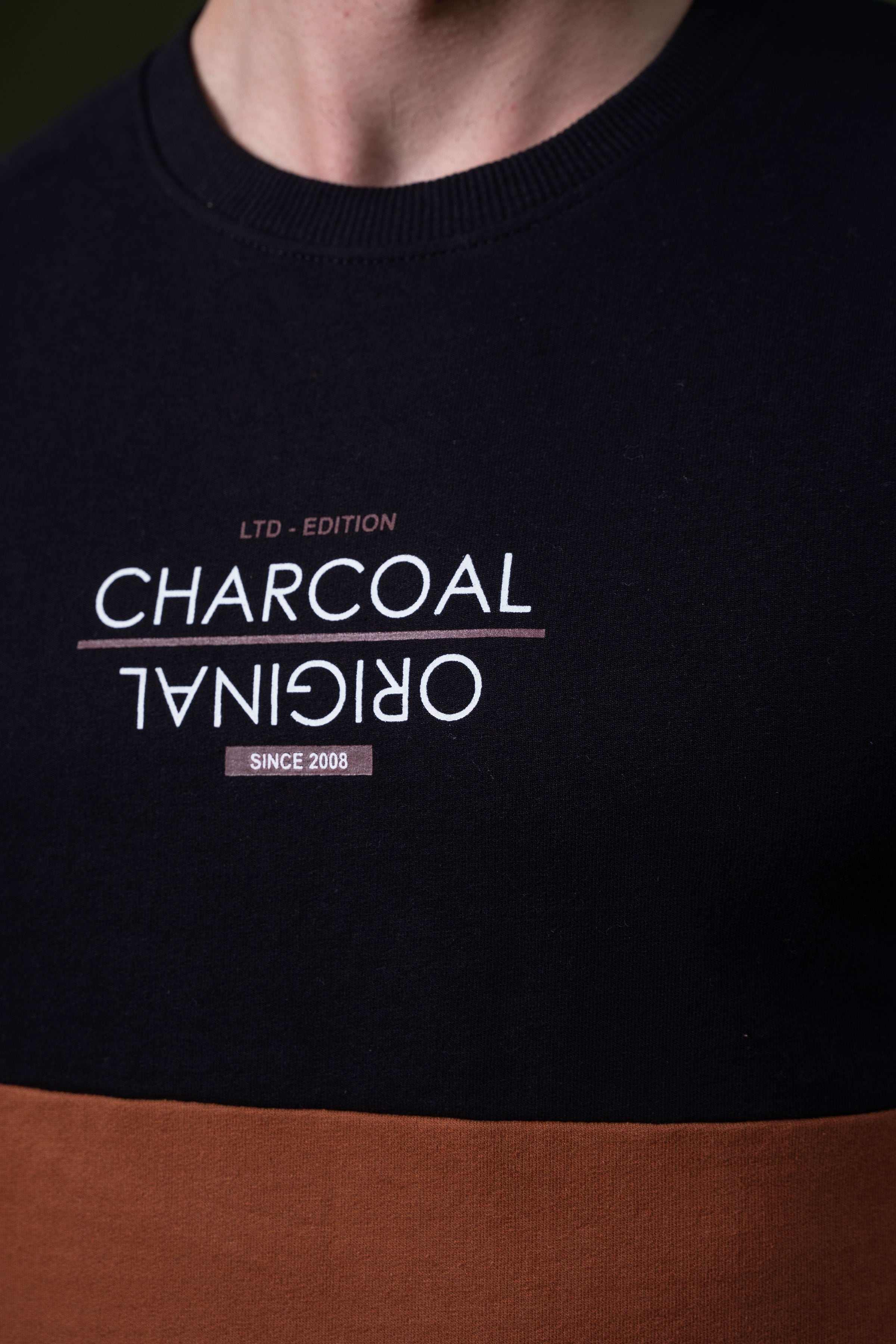 Crewneck sweatshirt close-up: charcoal logo, ribbed collar, rust and cream hem band