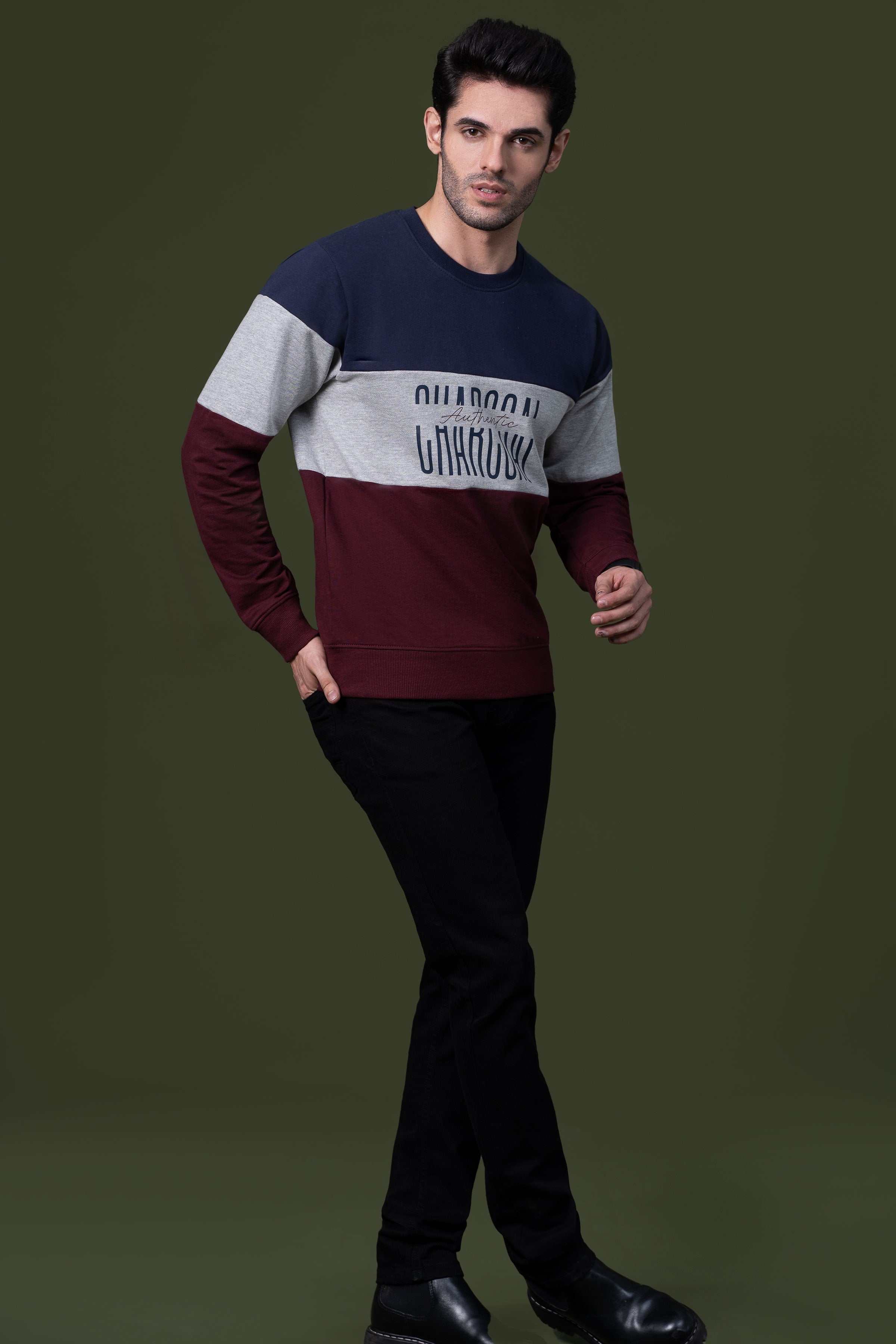 CUT AND SEW SWEAT SHIRT NAVY MAROON at Charcoal Clothing