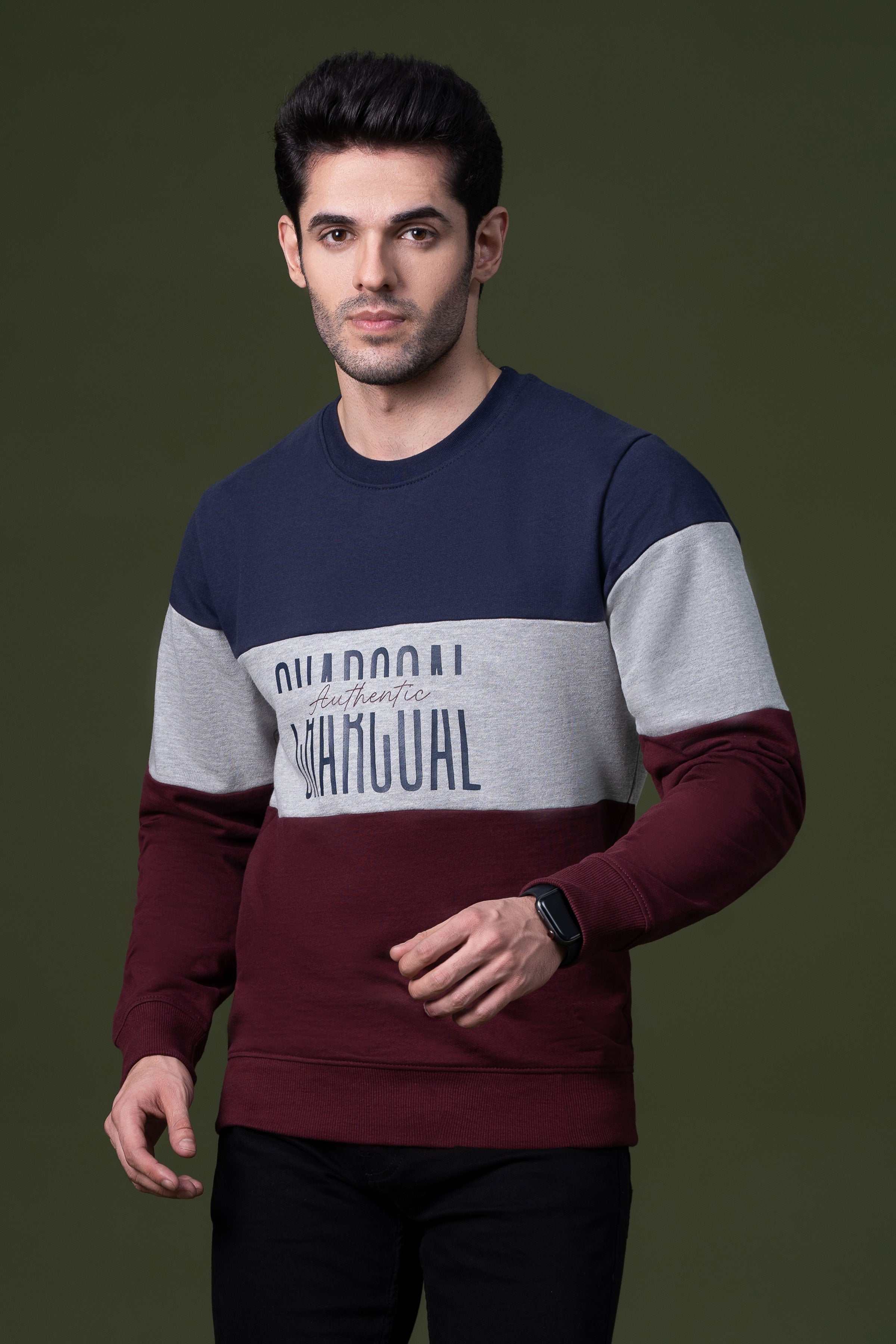 CUT AND SEW SWEAT SHIRT NAVY MAROON at Charcoal Clothing