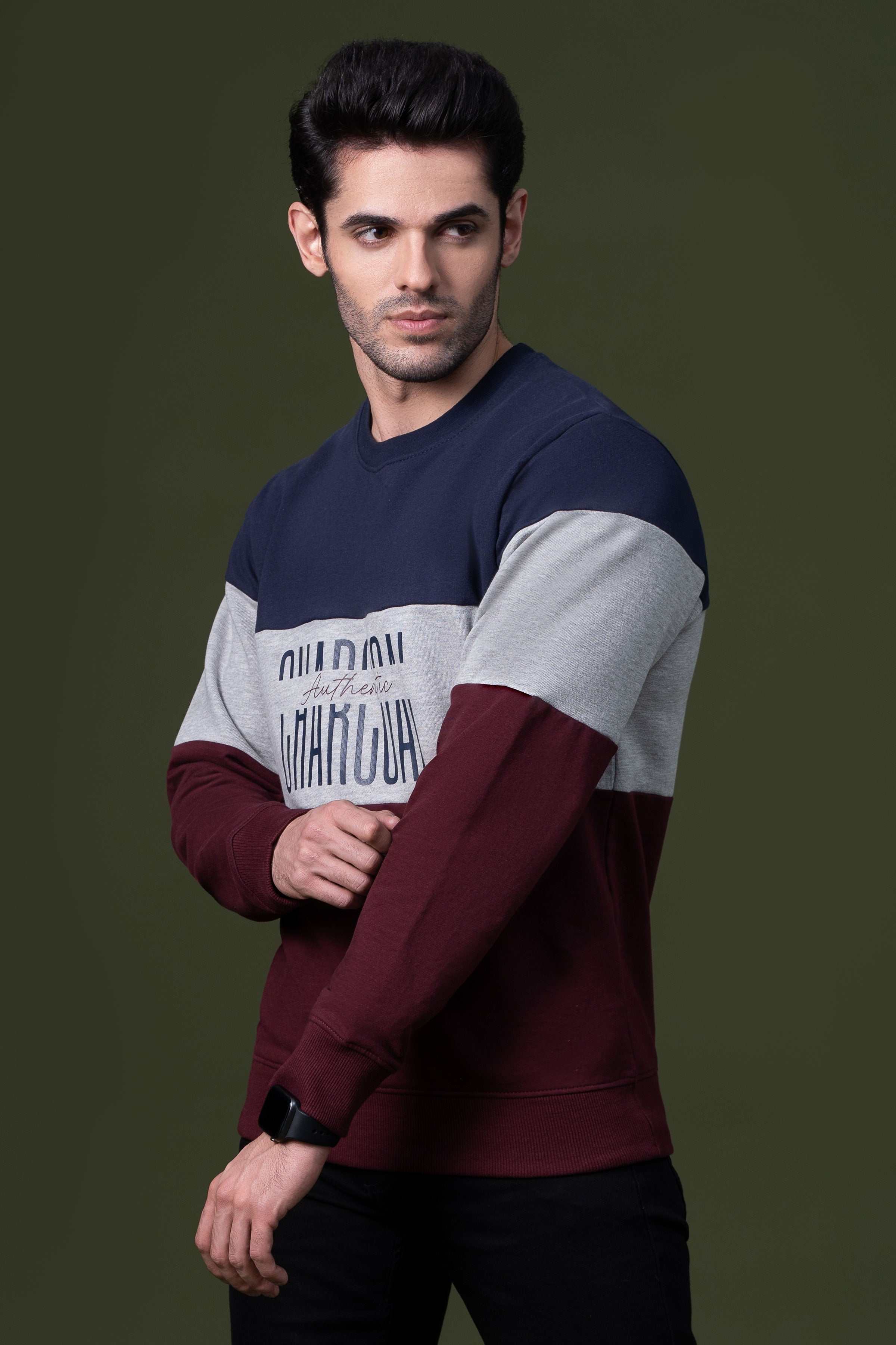 CUT AND SEW SWEAT SHIRT NAVY MAROON at Charcoal Clothing