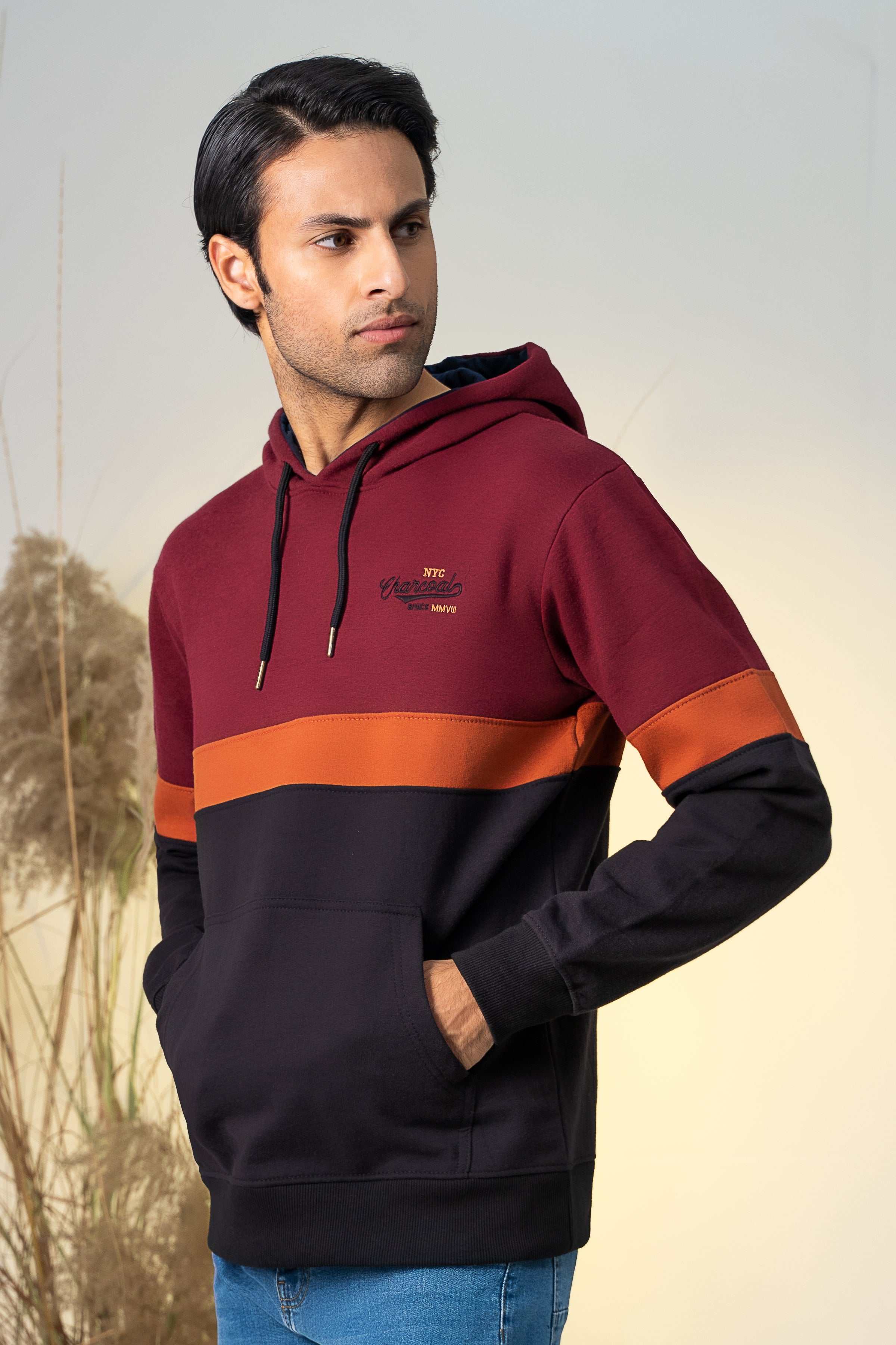 CUT & SEW KANGAROO HOODIES MAHROON BLACK at Charcoal Clothing