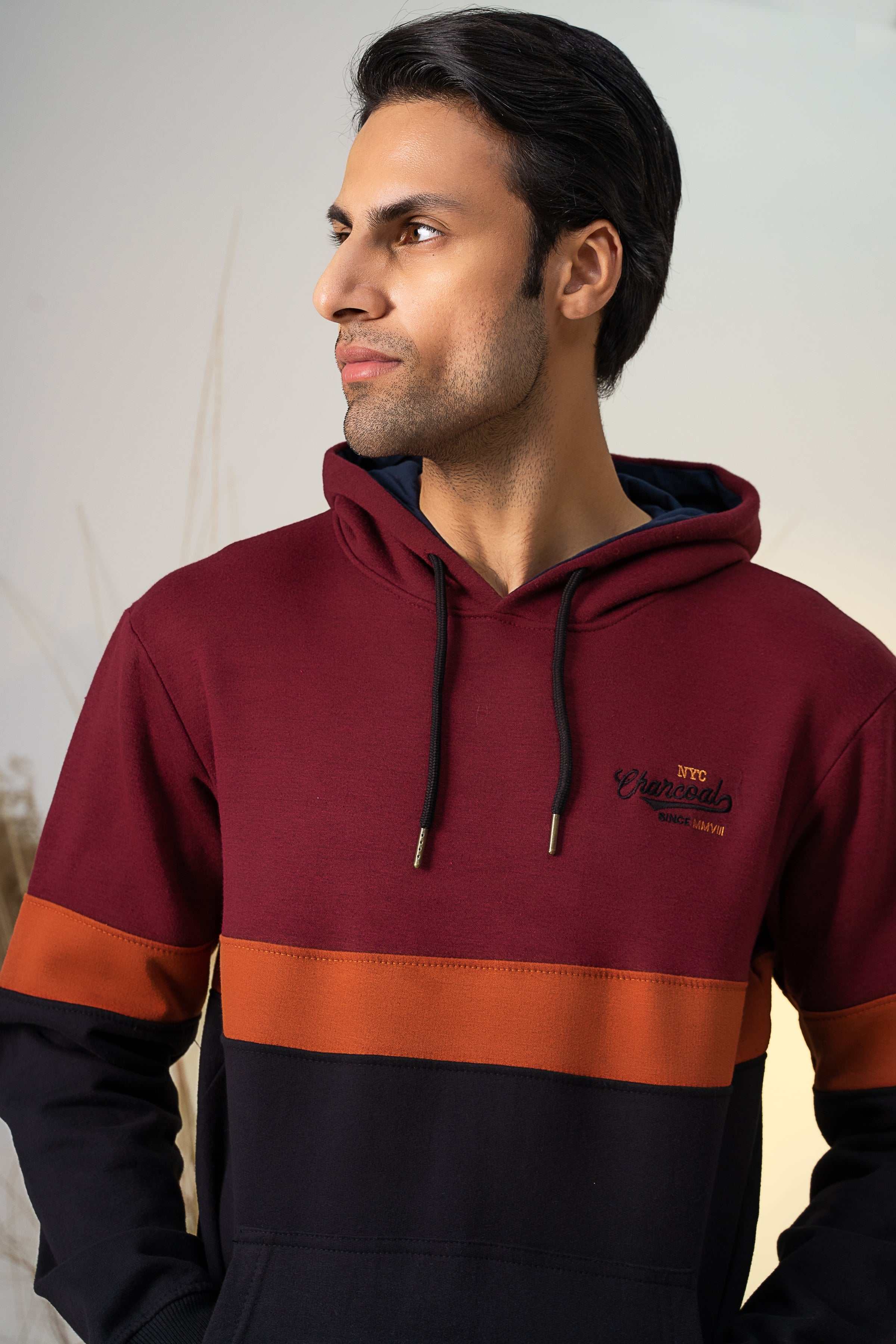 CUT & SEW KANGAROO HOODIES MAHROON BLACK at Charcoal Clothing