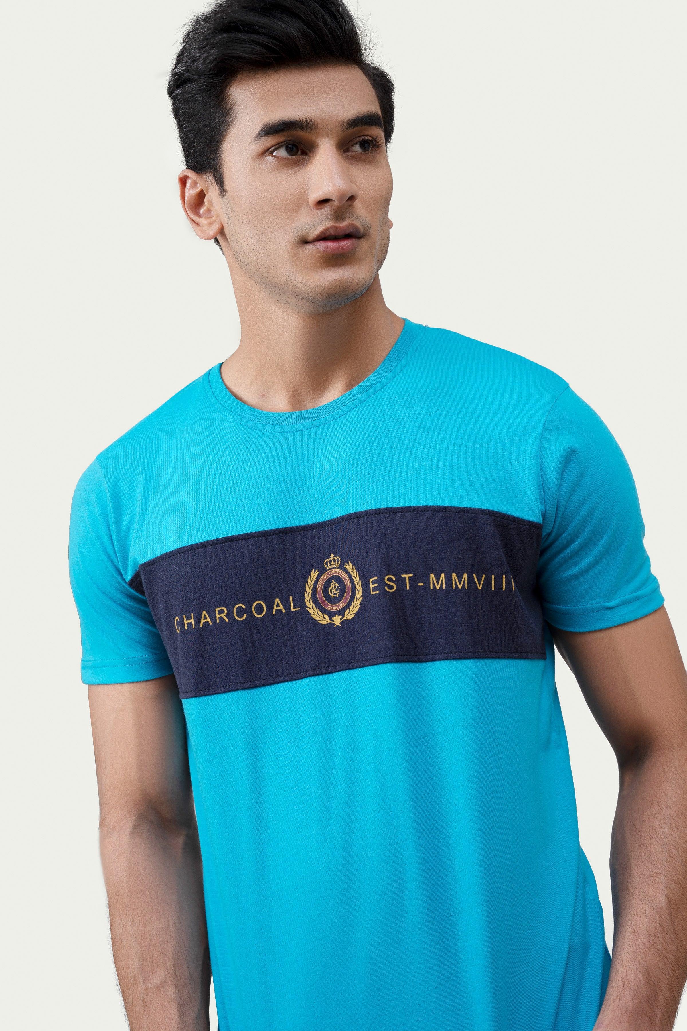 CUT & SEW PANEL T-SHIRT BLUE at Charcoal Clothing