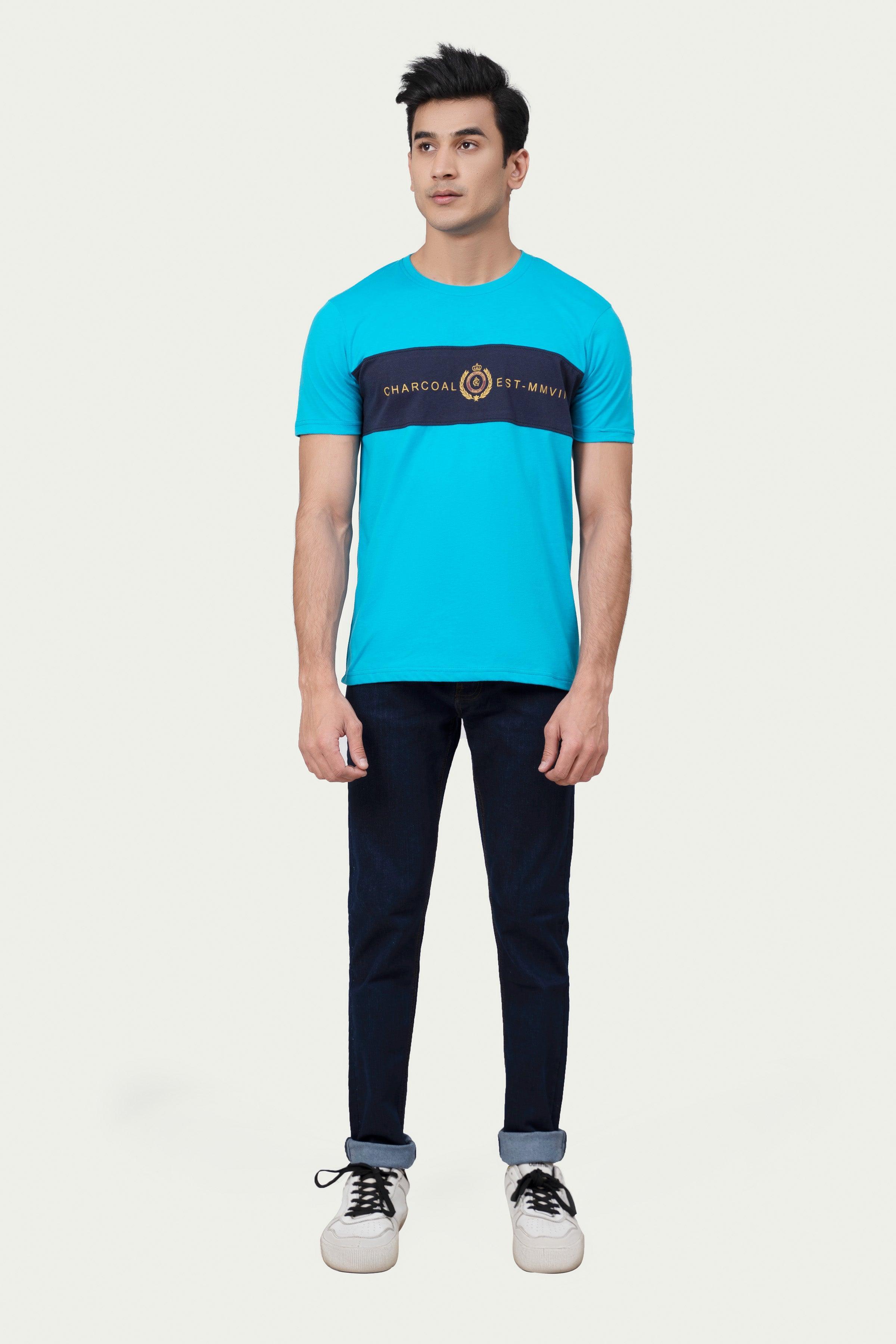 CUT & SEW PANEL T-SHIRT BLUE at Charcoal Clothing