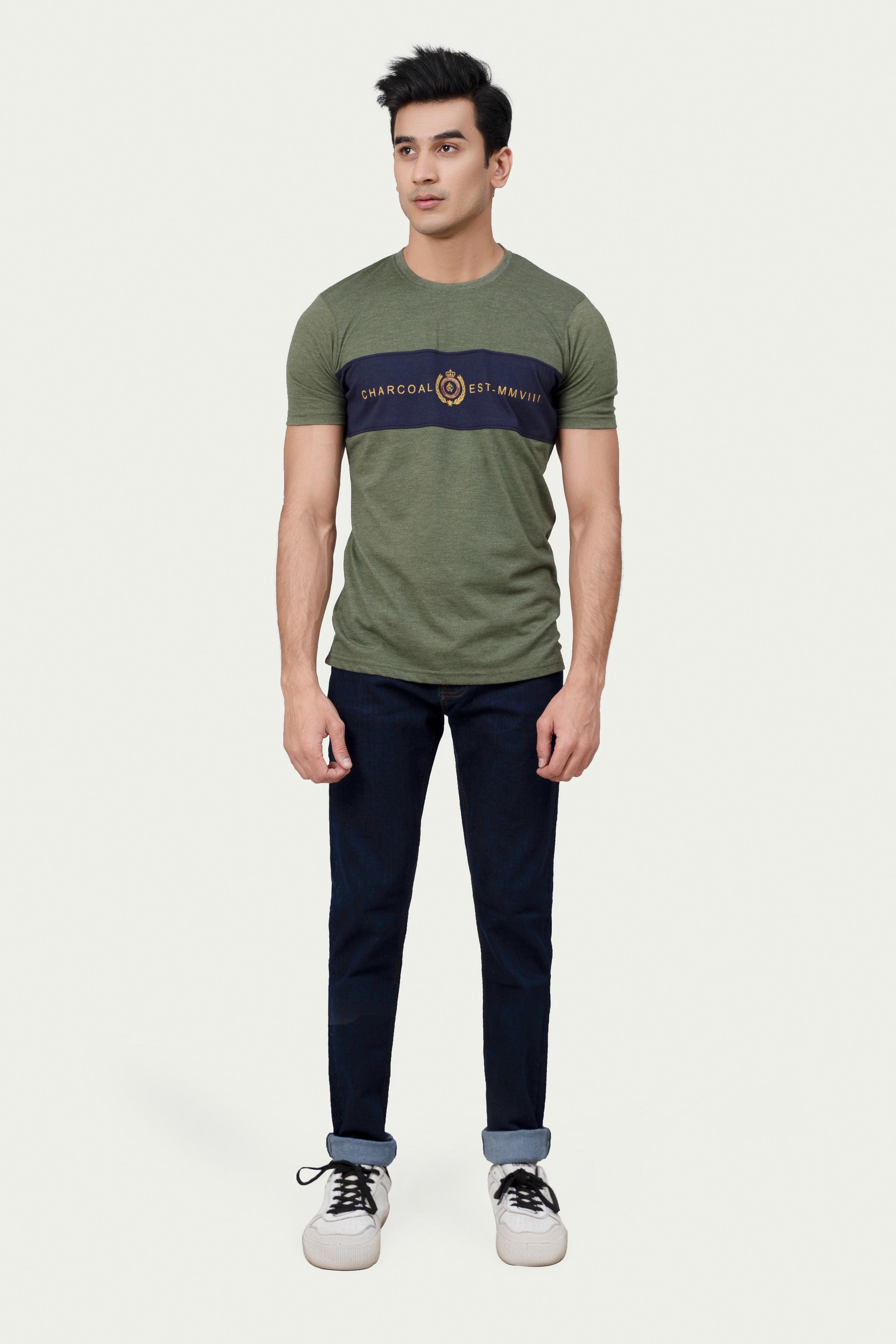 CUT & SEW PANEL T-SHIRT GREEN at Charcoal Clothing