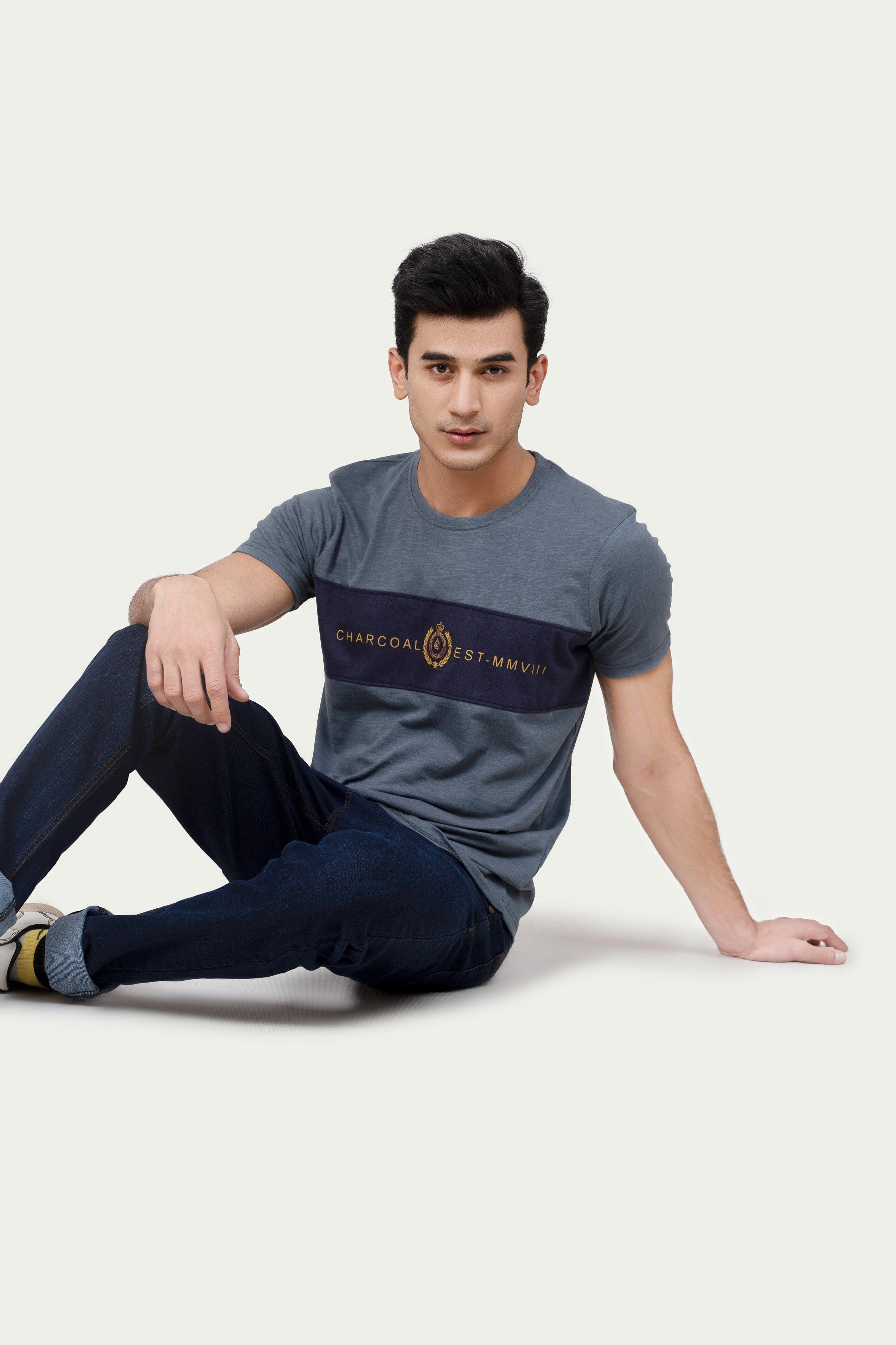 CUT & SEW PANEL T-SHIRT GREY at Charcoal Clothing