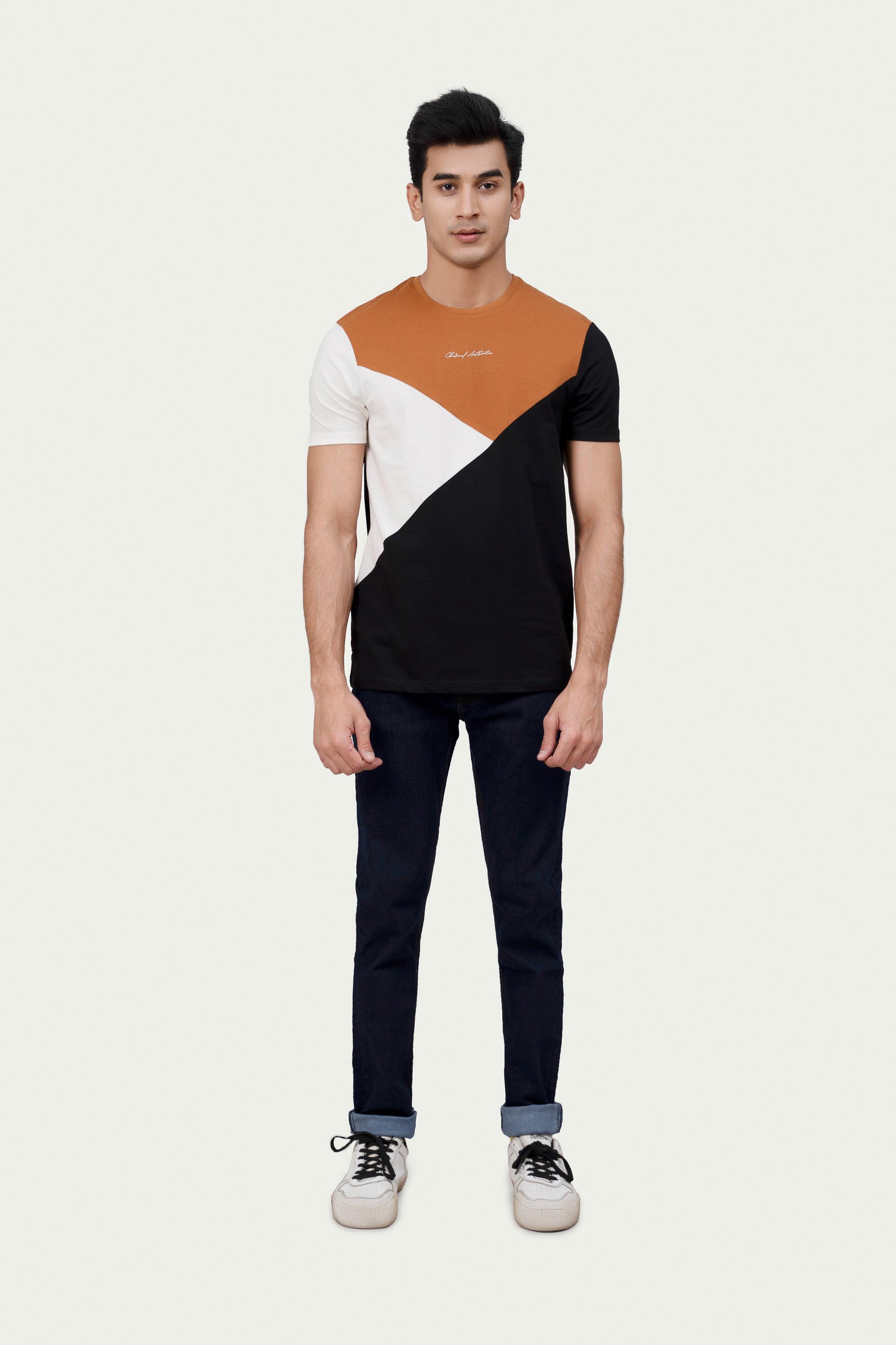 CUT & SEW PANEL T-SHIRT RUST at Charcoal Clothing