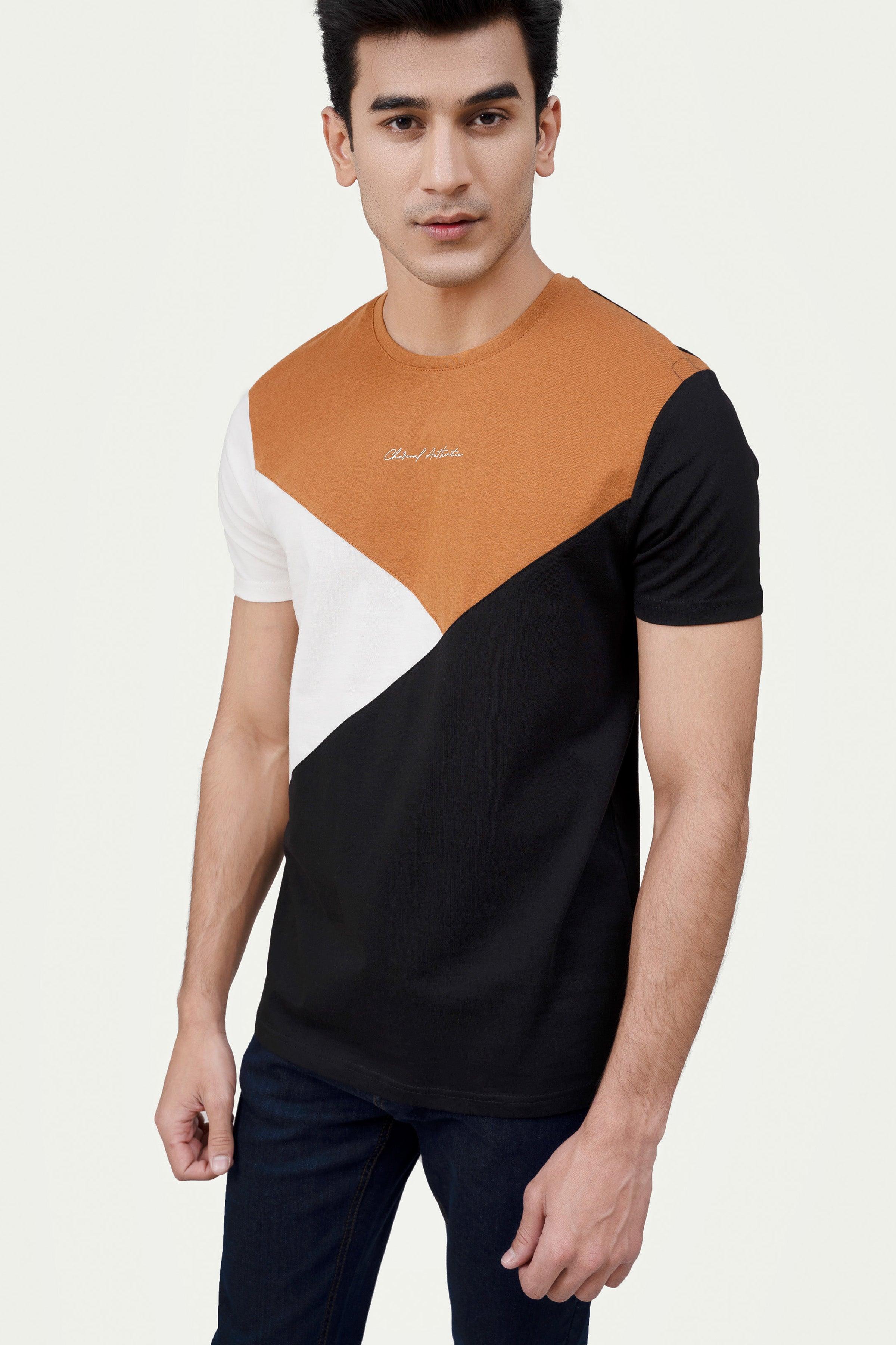 CUT & SEW PANEL T-SHIRT RUST at Charcoal Clothing
