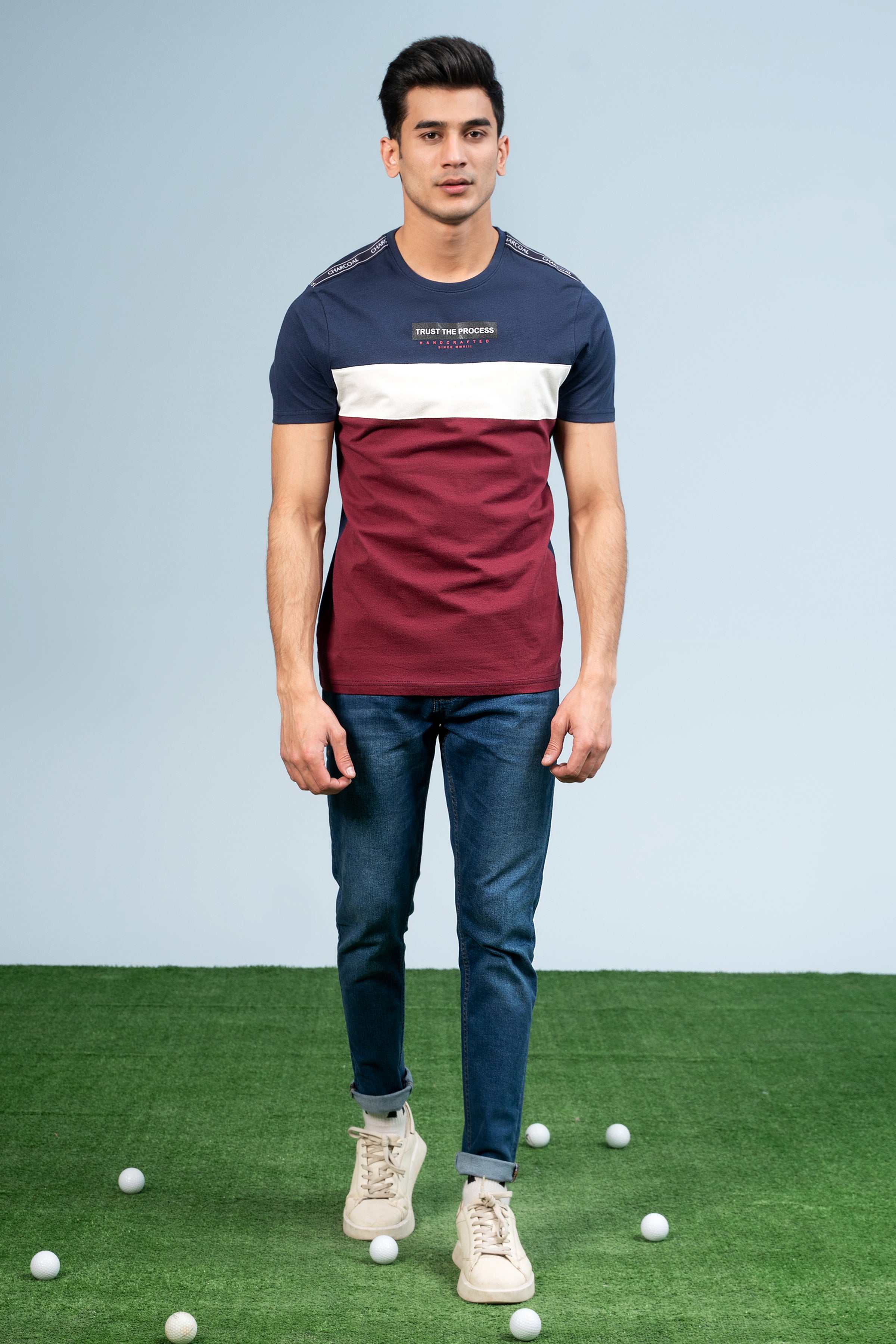 CUT & SEW PANNEL T-SHIRT NAVY at Charcoal Clothing