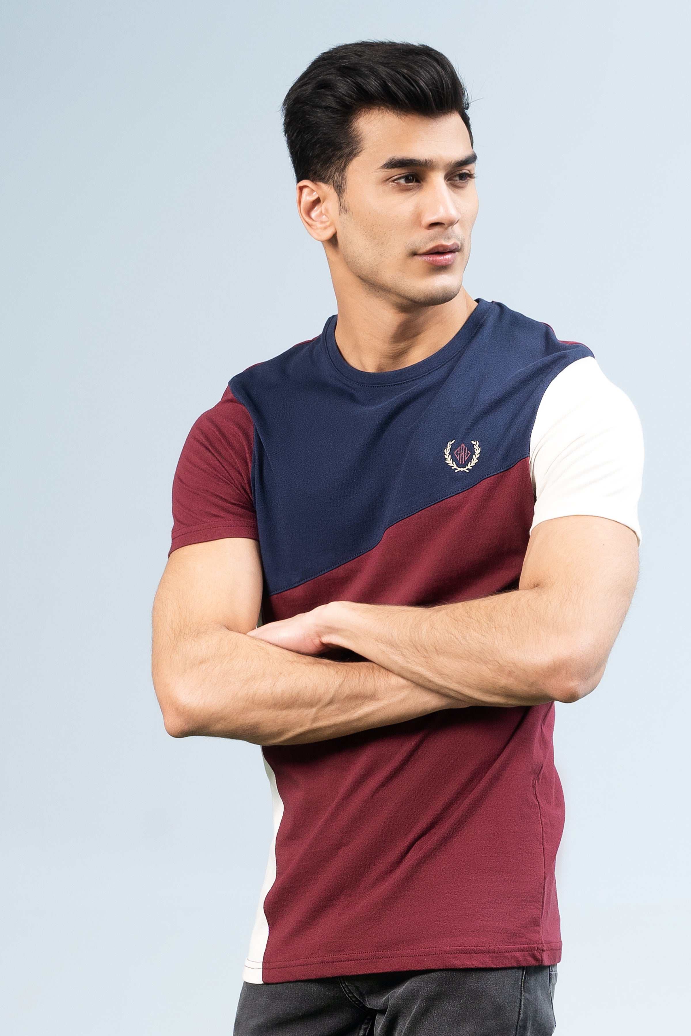 CUT & SEW PANNEL T-SHIRT NAVY at Charcoal Clothing