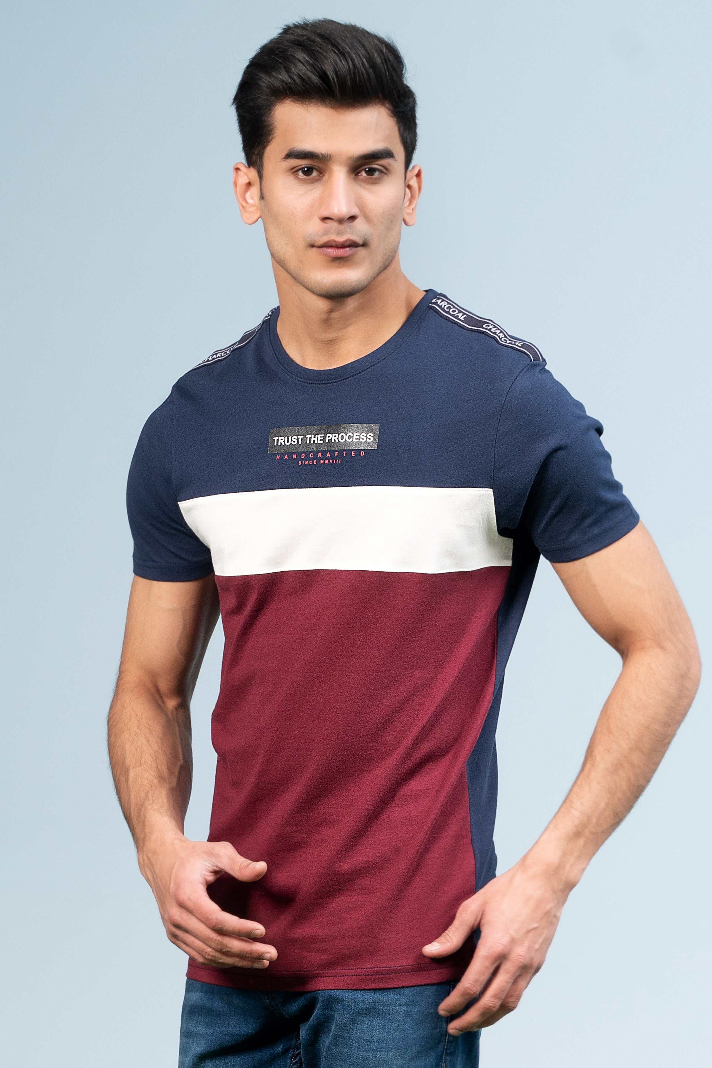 CUT & SEW PANNEL T-SHIRT NAVY at Charcoal Clothing