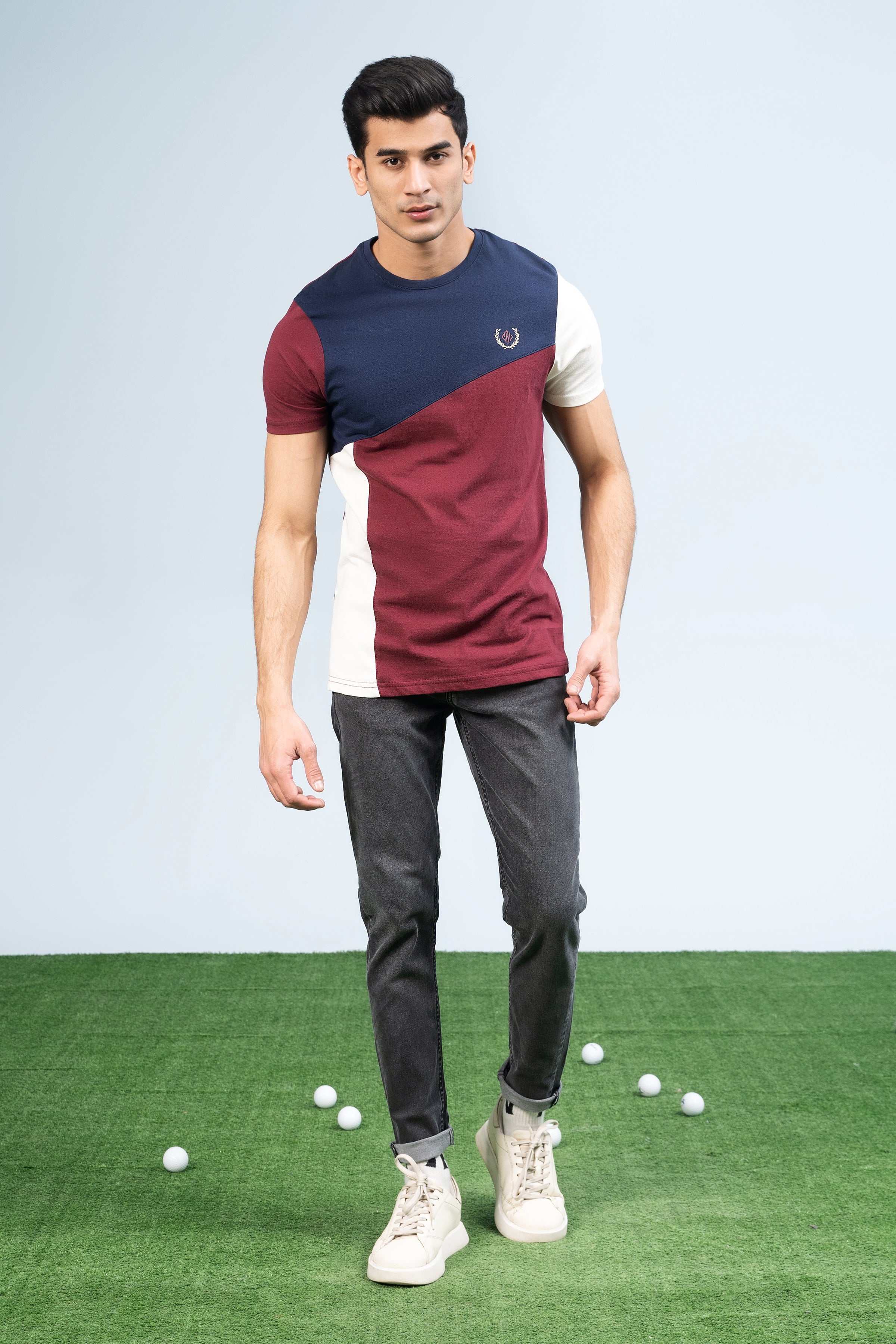 CUT & SEW PANNEL T-SHIRT NAVY at Charcoal Clothing
