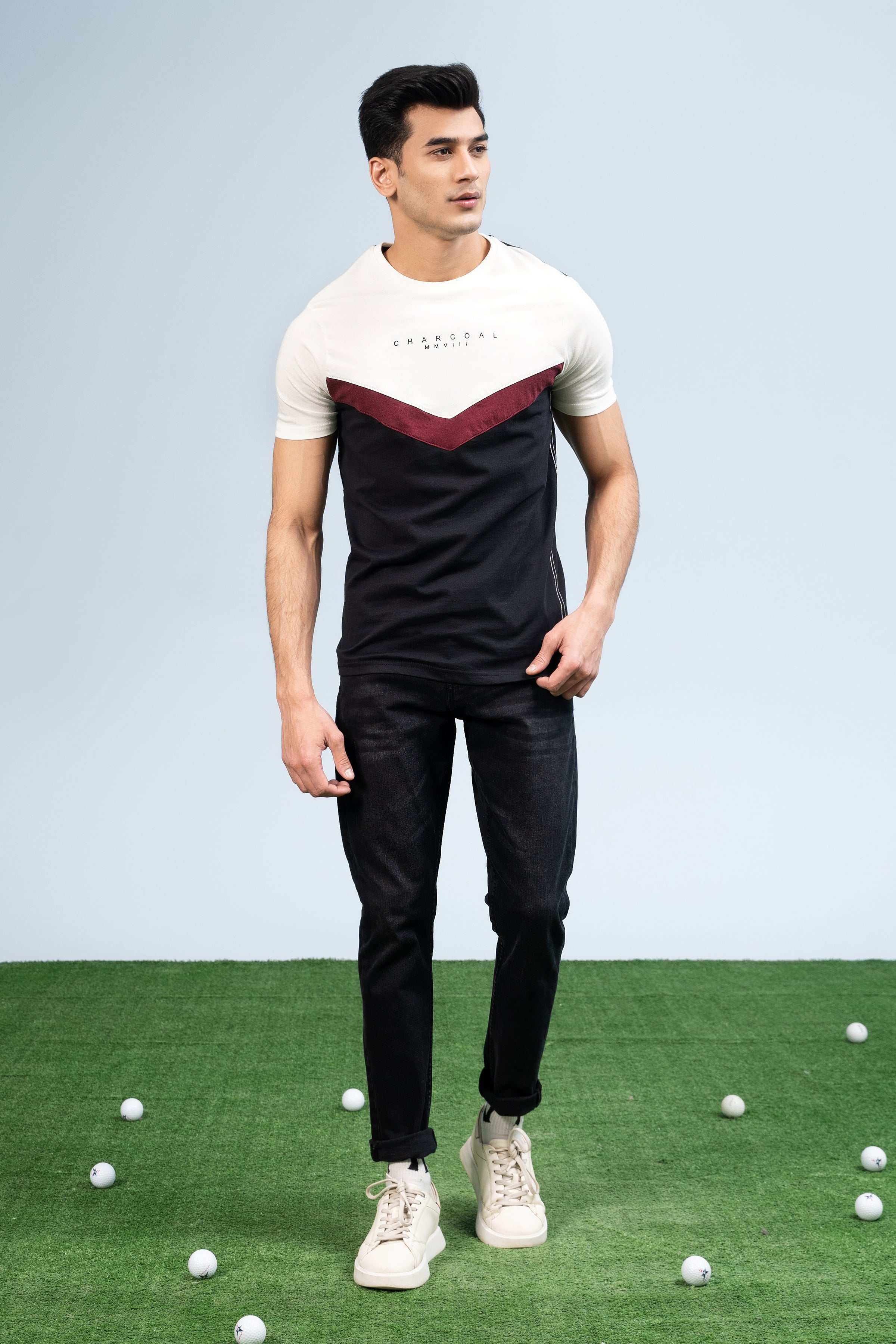 CUT & SEW PANNEL T-SHIRT OFF WHITE at Charcoal Clothing