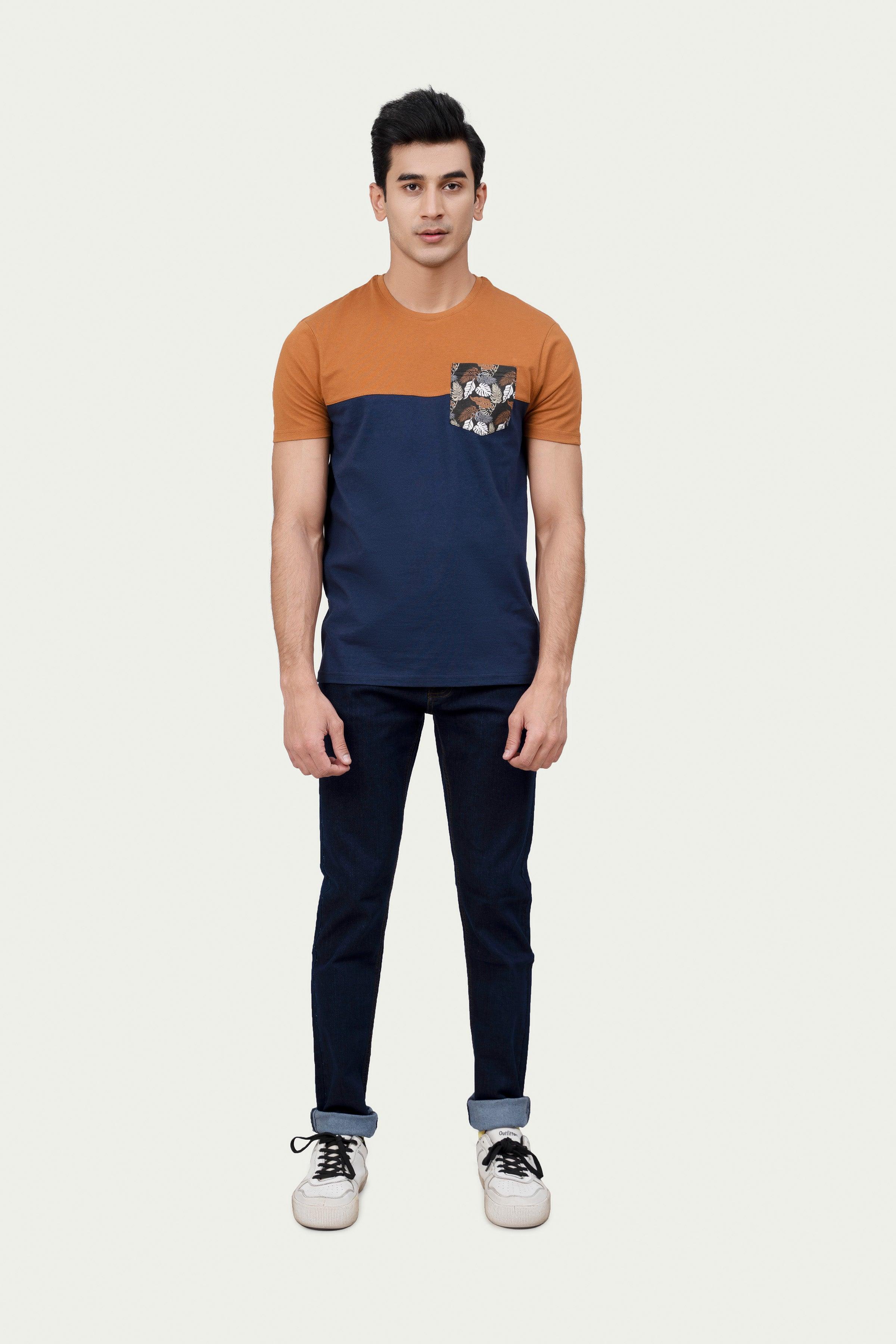 CUT & SEW PANNEL T-SHIRT RUST at Charcoal Clothing