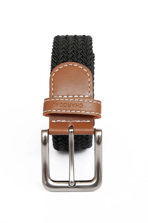 Casual belt with black braided strap, brown leather strap and silver buckle