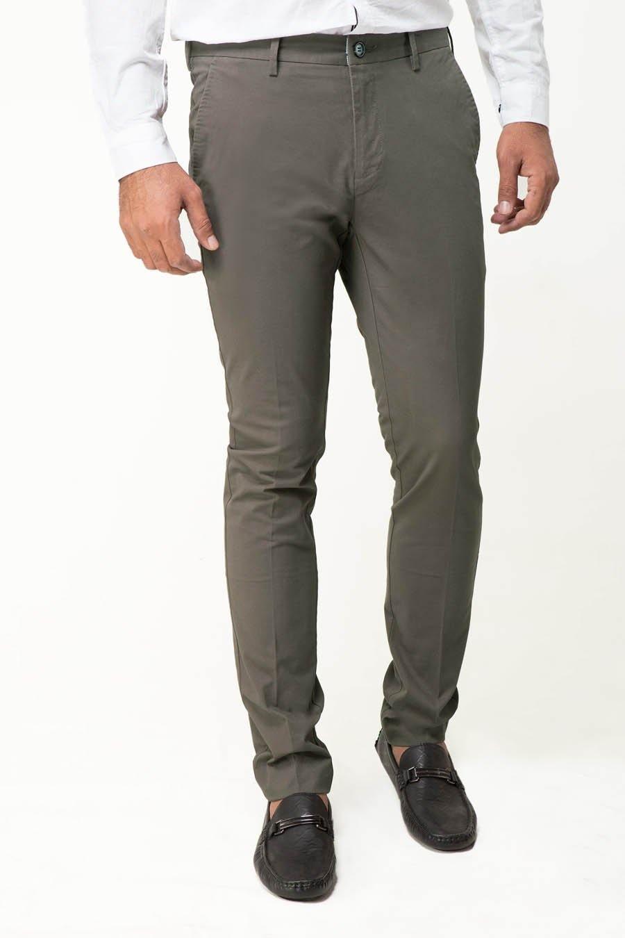 Dark gray slim-fit casual pants with cross pockets and button closure