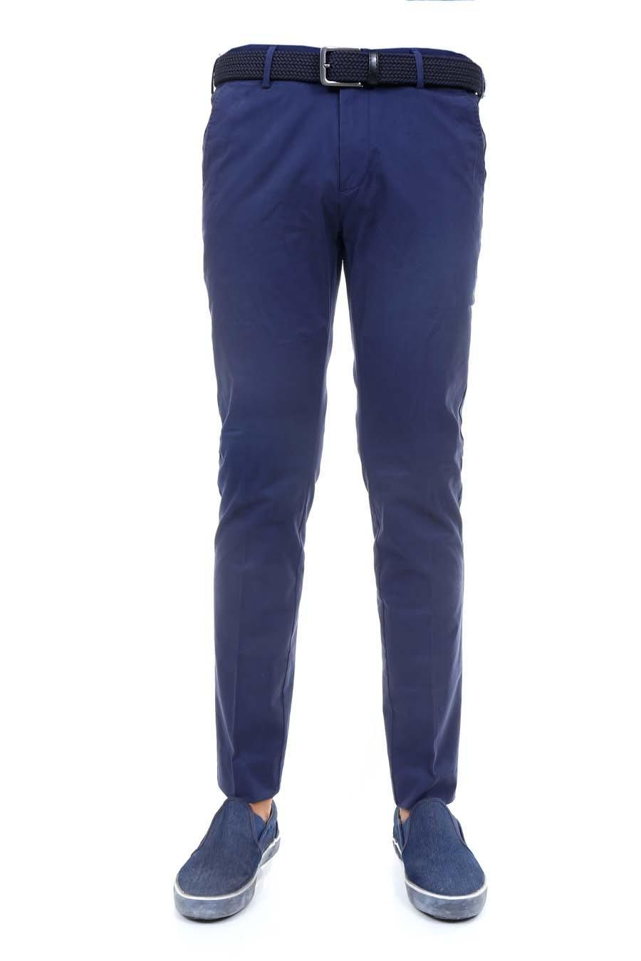 Navy slim-fit casual pants with cross pocket, belt loops, and tapered legs