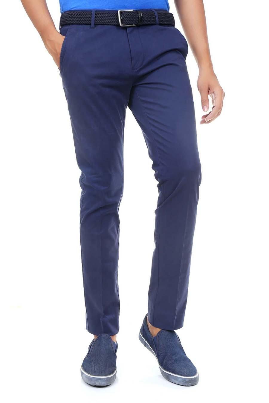 Navy slim-fit casual pants with cross pocket design and tapered legs