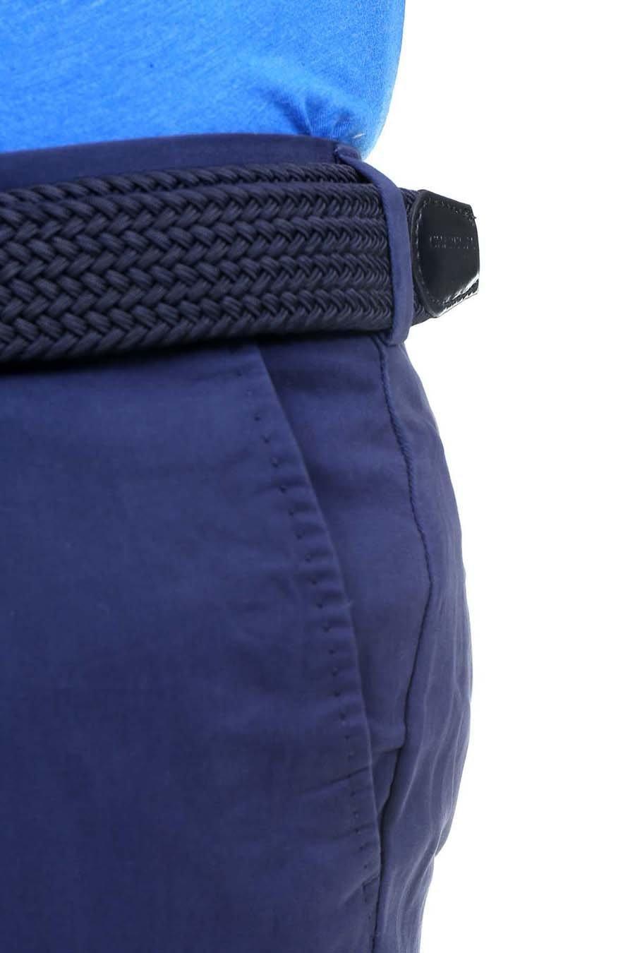 Navy woven cross-pocket strap and belt loop on slim-fit casual pants