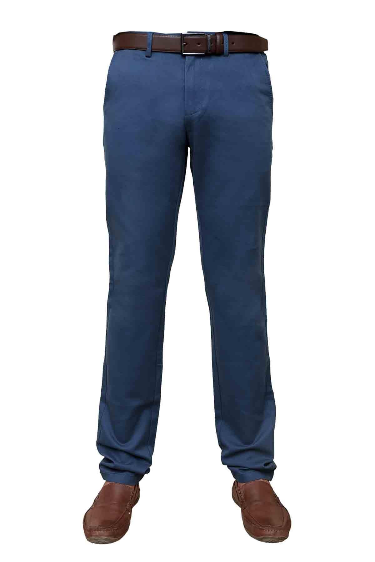 Blue five-pocket casual pants with brown belt and straight leg cuffs