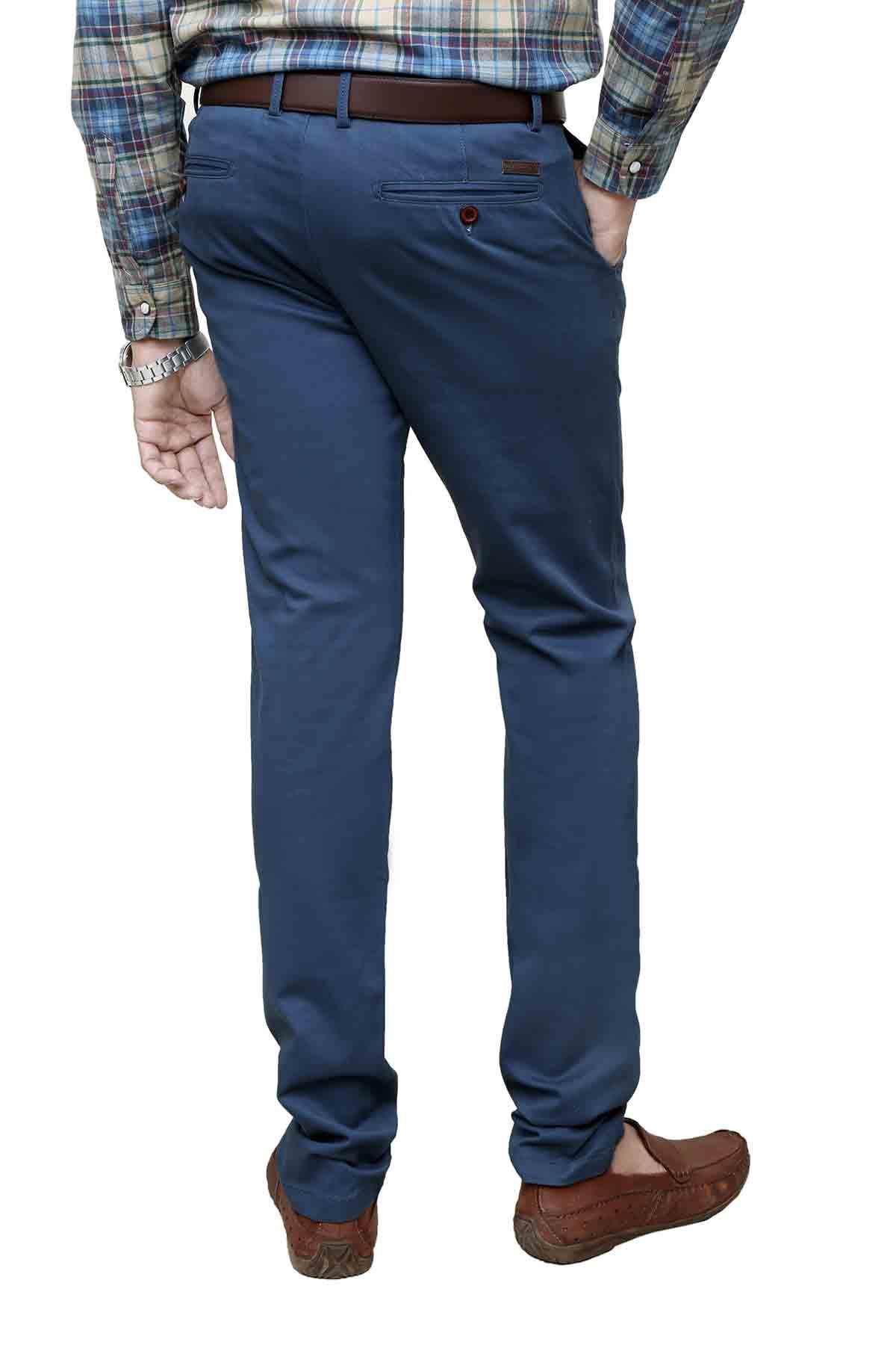 Blue five-pocket casual pants with brown belt, straight tapered legs