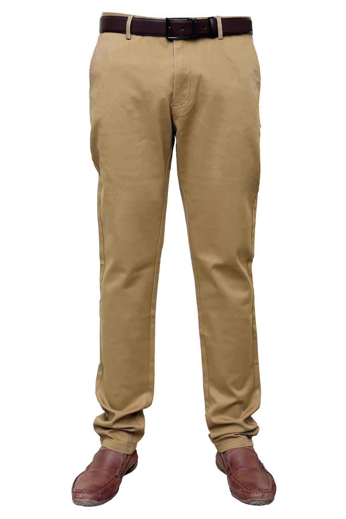 Camel five-pocket casual pants with belt, tapered legs
