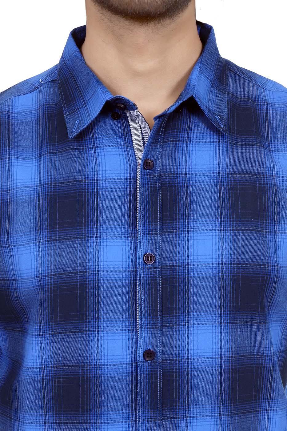Blue and dark check button-up shirt with chest buttons and point collar