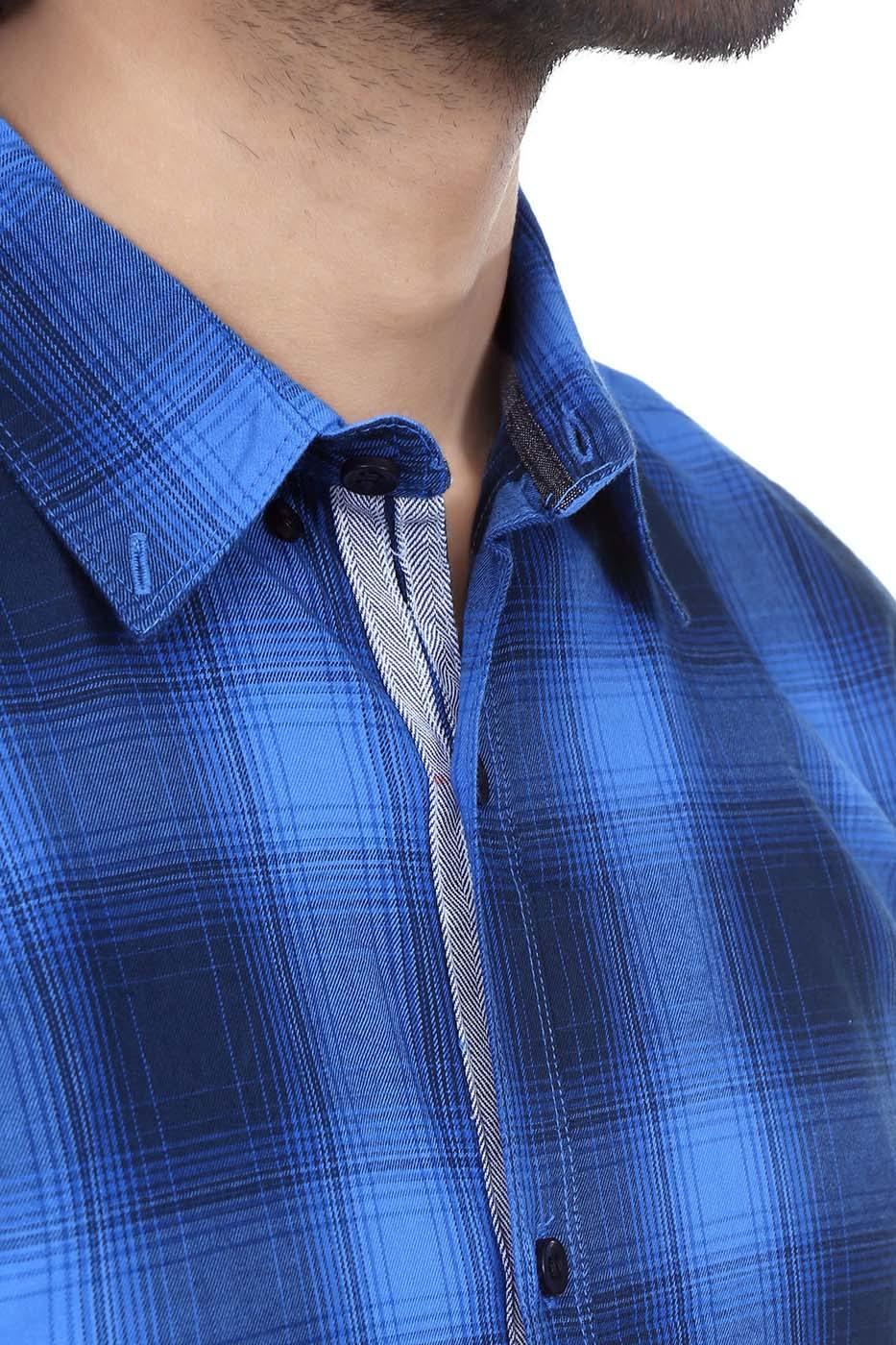 Blue and dark check button-up shirt collar with button placket detail