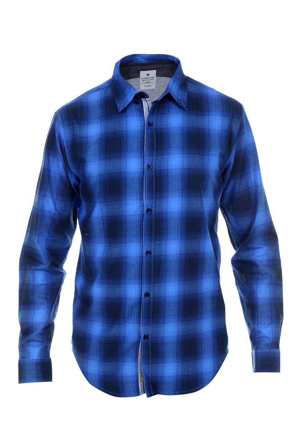Blue and dark check button-up casual shirt with long sleeves and spread collar