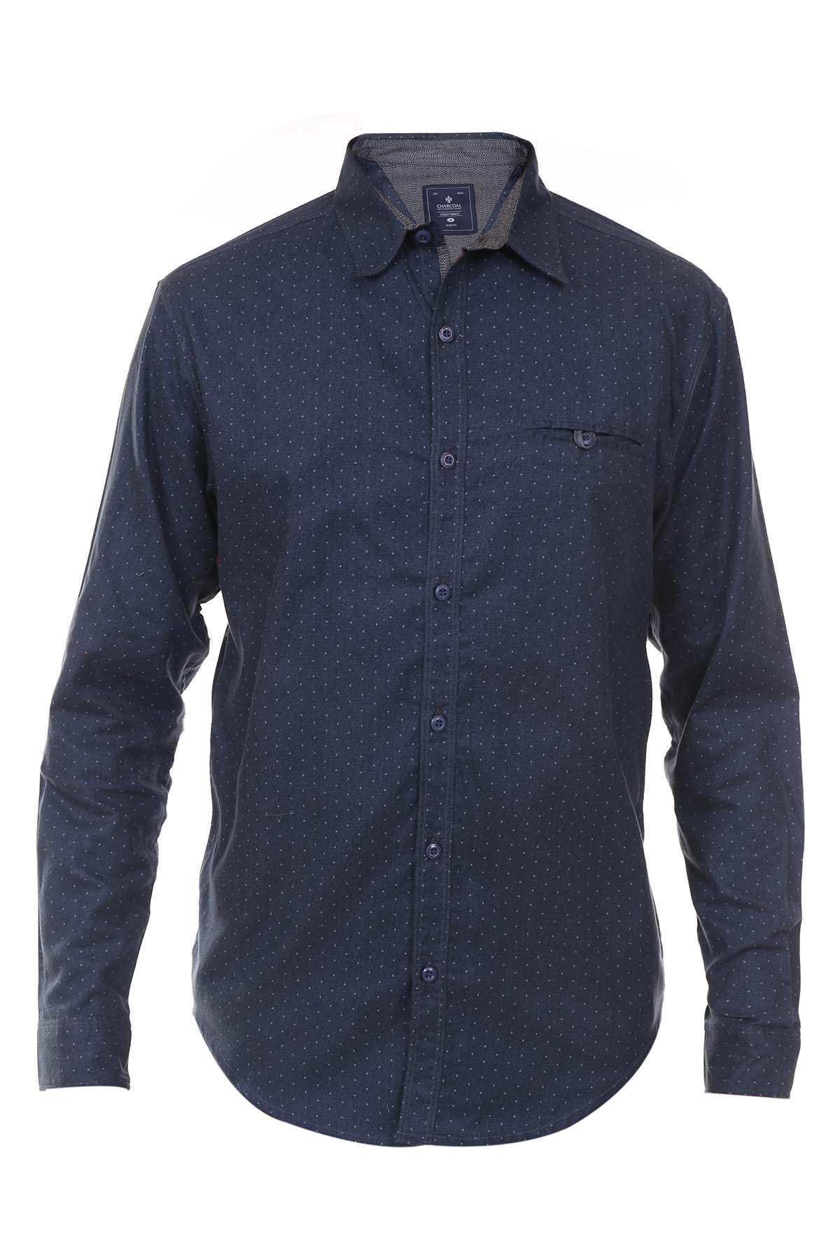 Blue-grey casual button-up shirt with long sleeves and chest pocket