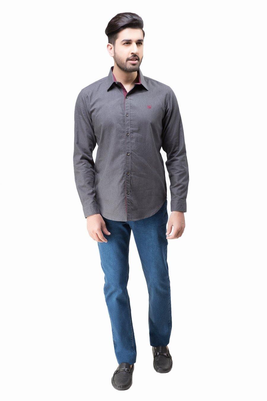 Dark grey casual button-up shirt with long sleeves and pointed collar