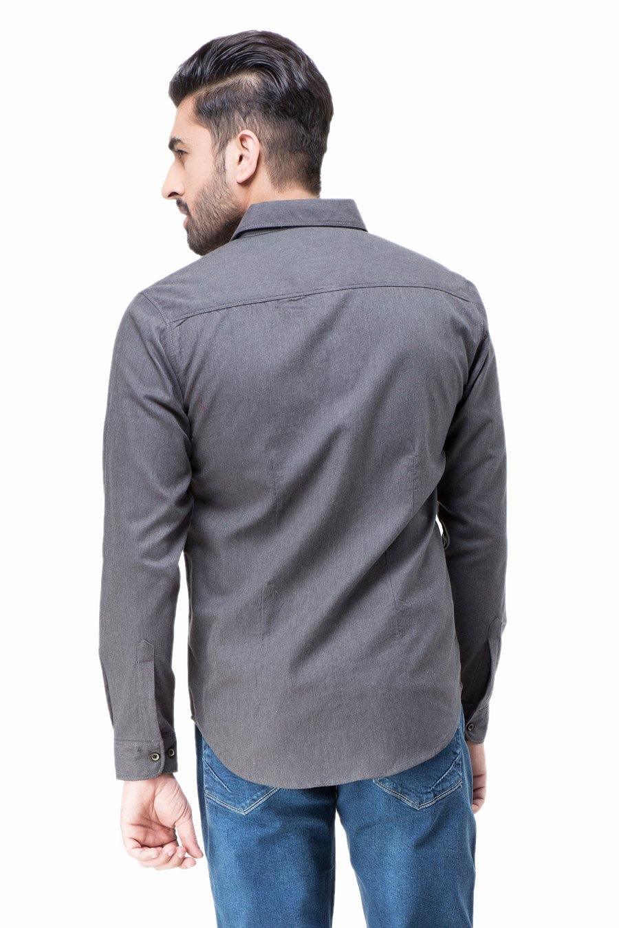Dark grey casual button-up shirt, back view with long sleeves