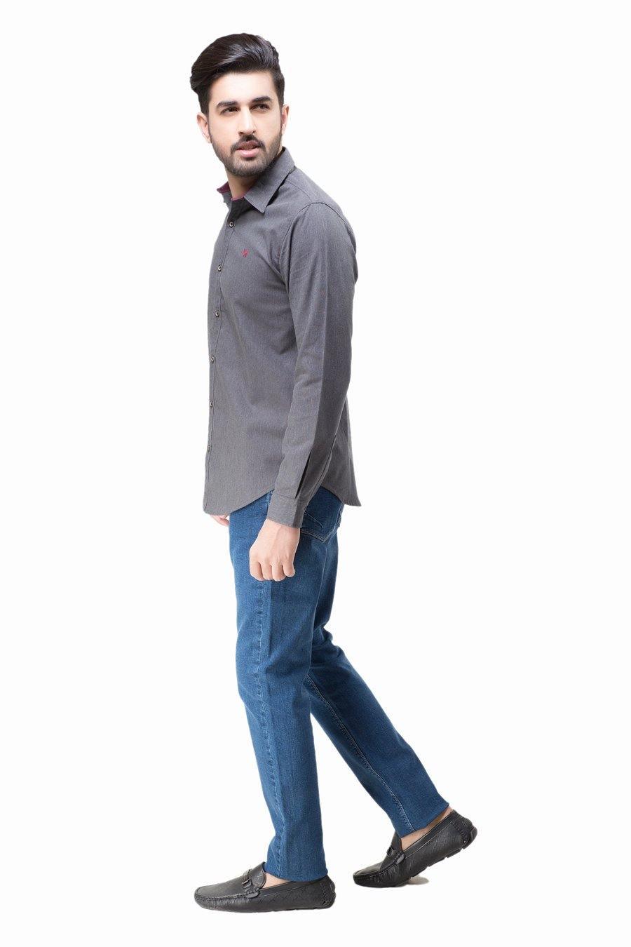 Dark grey long-sleeve button-up shirt with pointed collar
