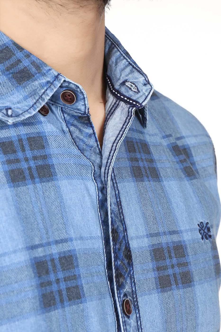 Denim-blue plaid casual shirt collar with button placket and embroidered trim