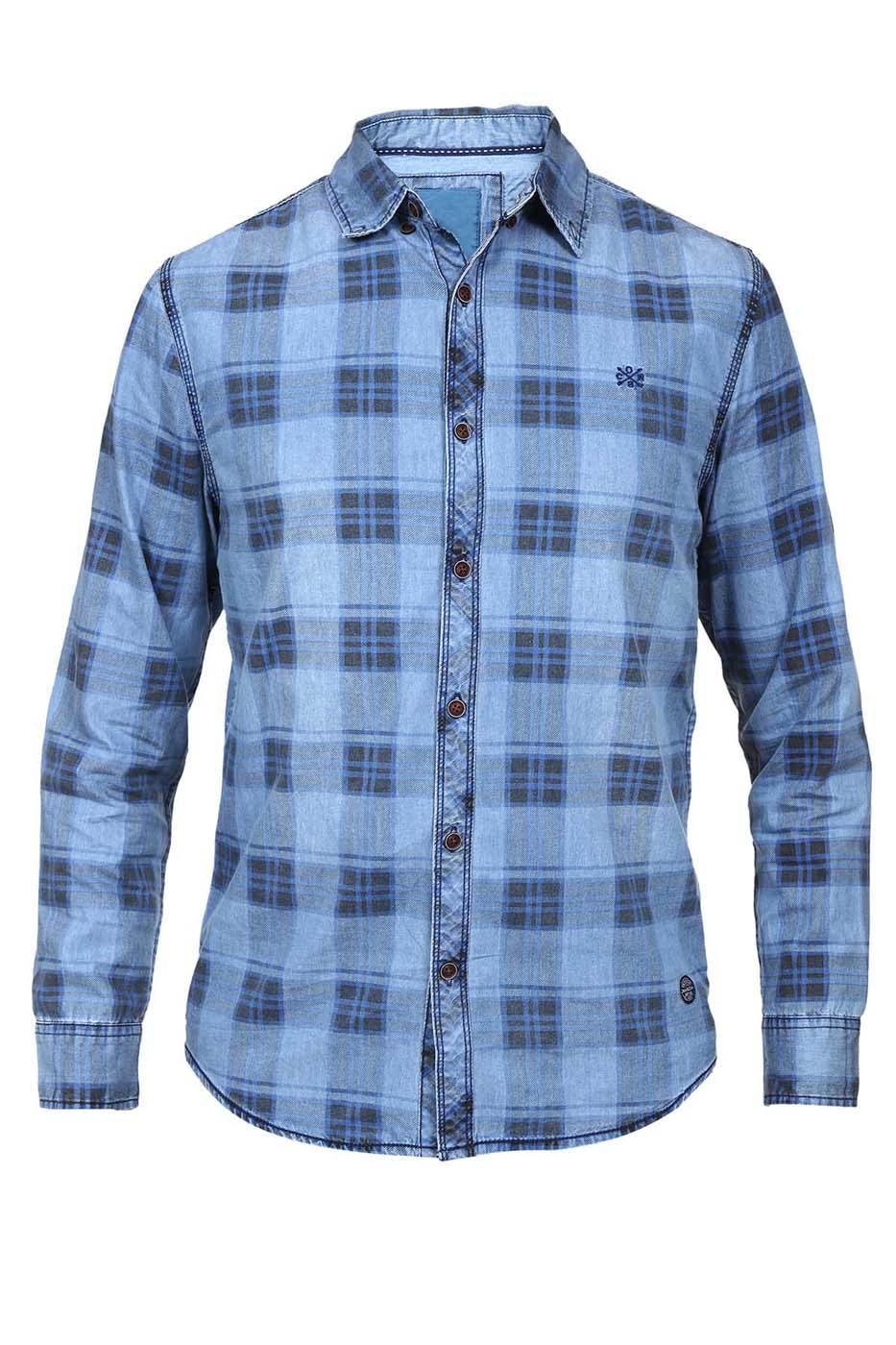 Denim-blue casual shirt with plaid pattern, button front and long sleeves