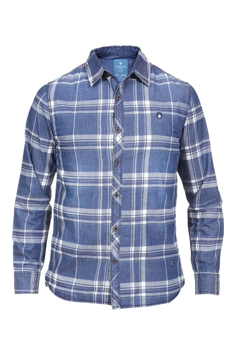 Men's denim casual shirt in dark blue plaid with button front and long sleeves
