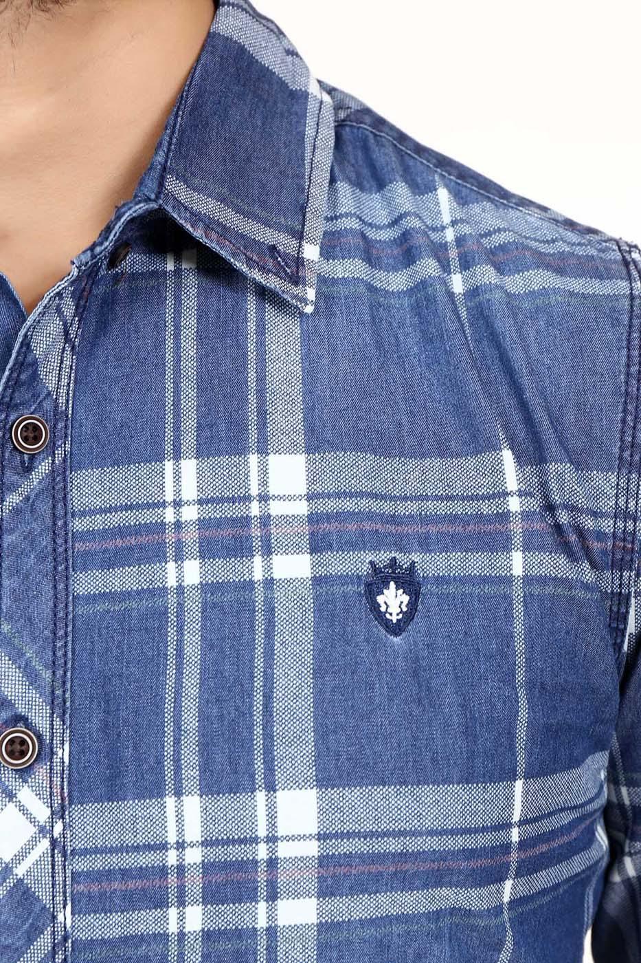 Men's denim plaid shirt with chest pocket and crest logo on dark blue panel