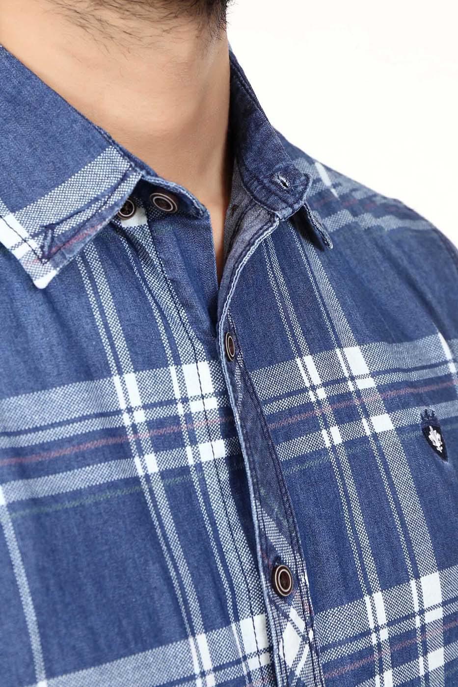 Men's denim plaid shirt collar with button front and small chest crest