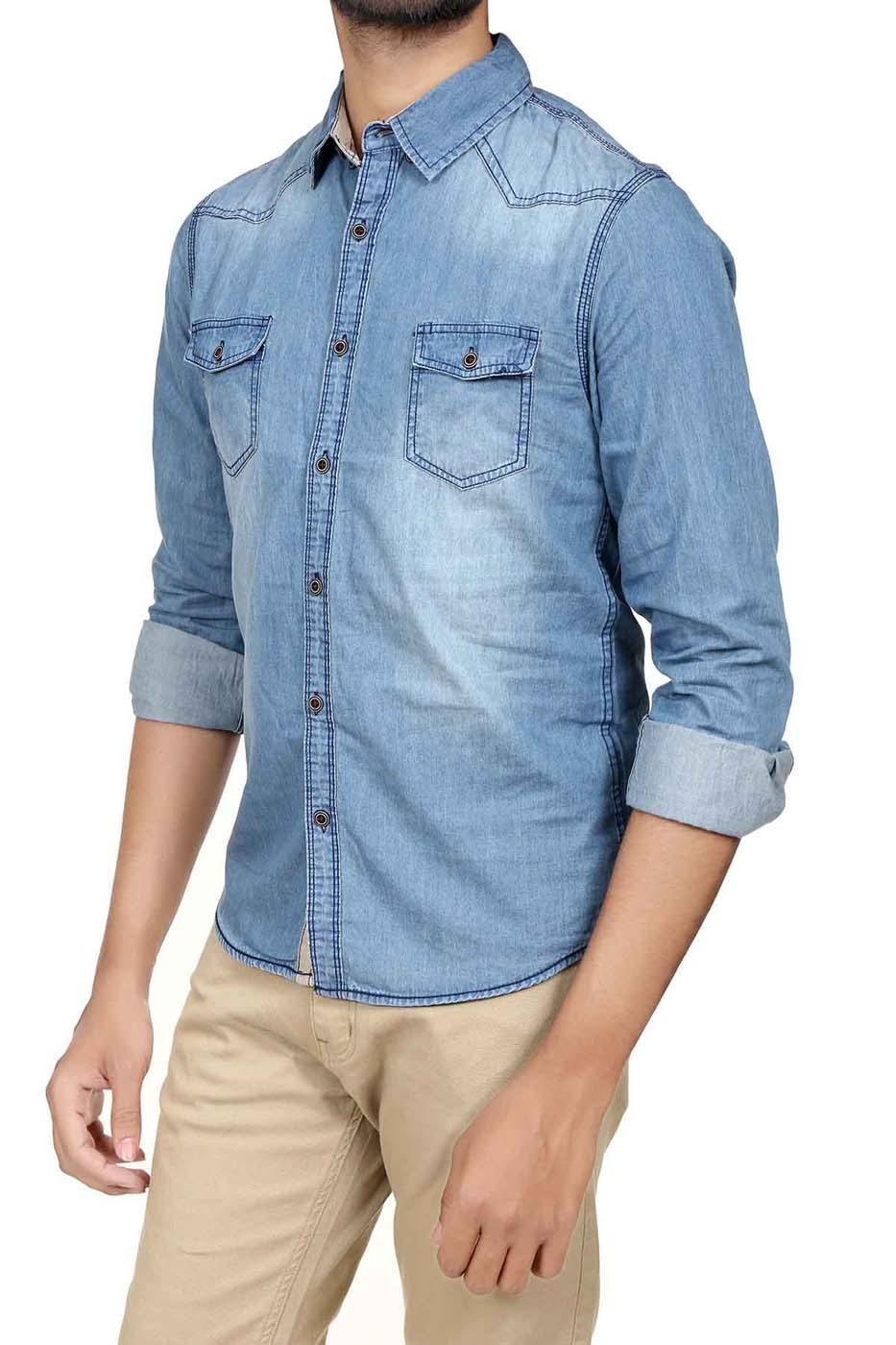 Light blue denim casual shirt on model, button-up front and chest pockets