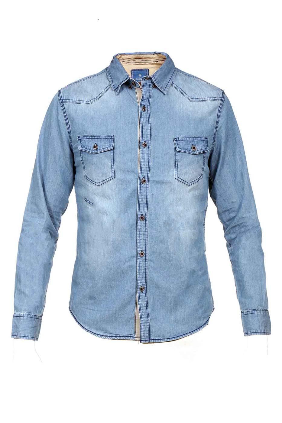 Light blue denim casual shirt with button front and chest flap pockets