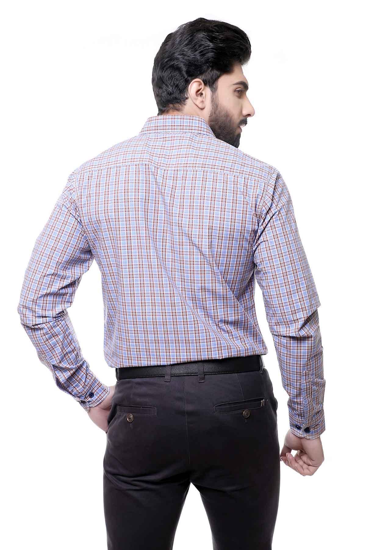 Casual full-sleeve check shirt, light blue with red and blue grid pattern