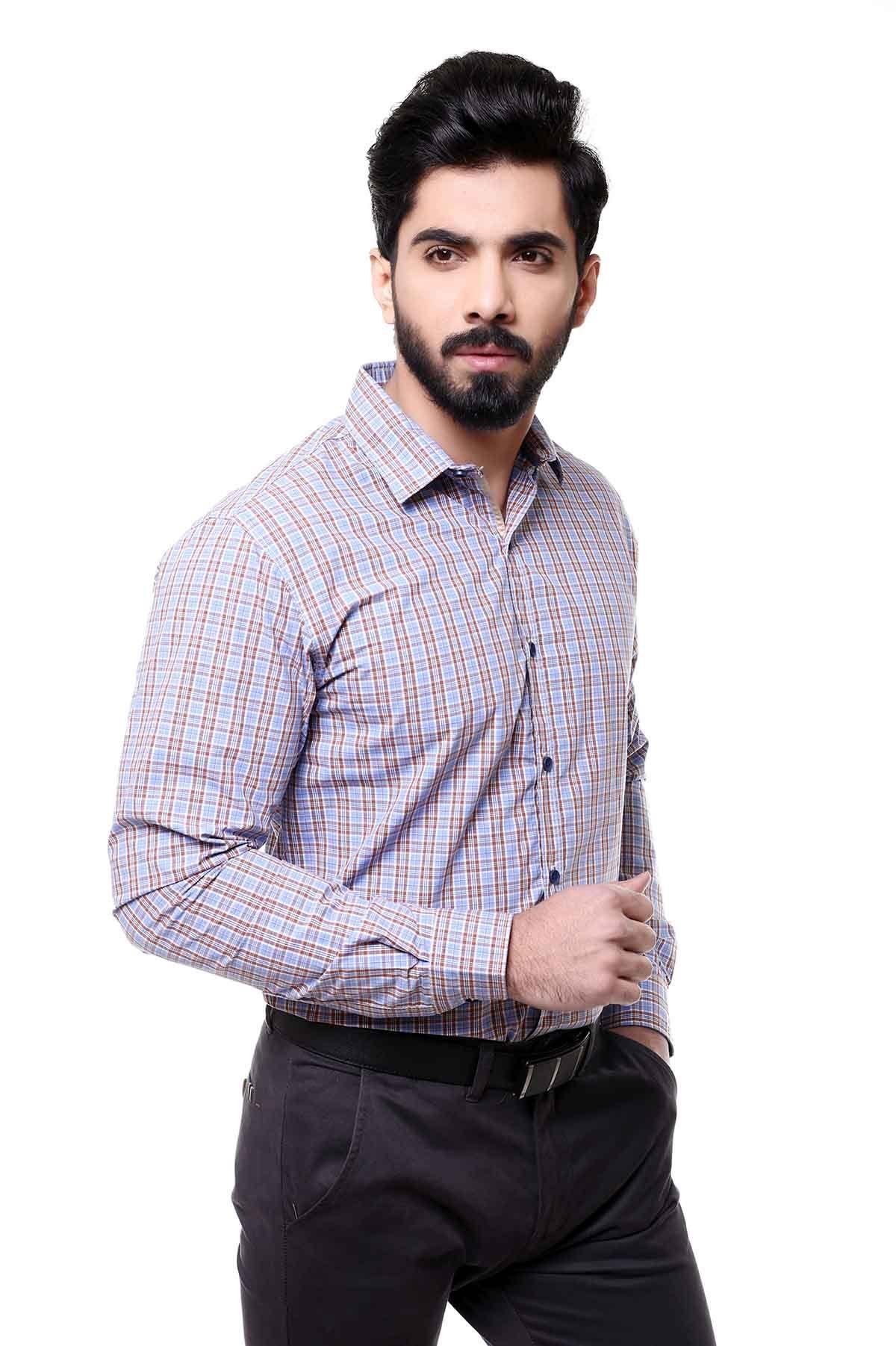 Casual full-sleeve check shirt, light blue with red and dark-blue plaid
