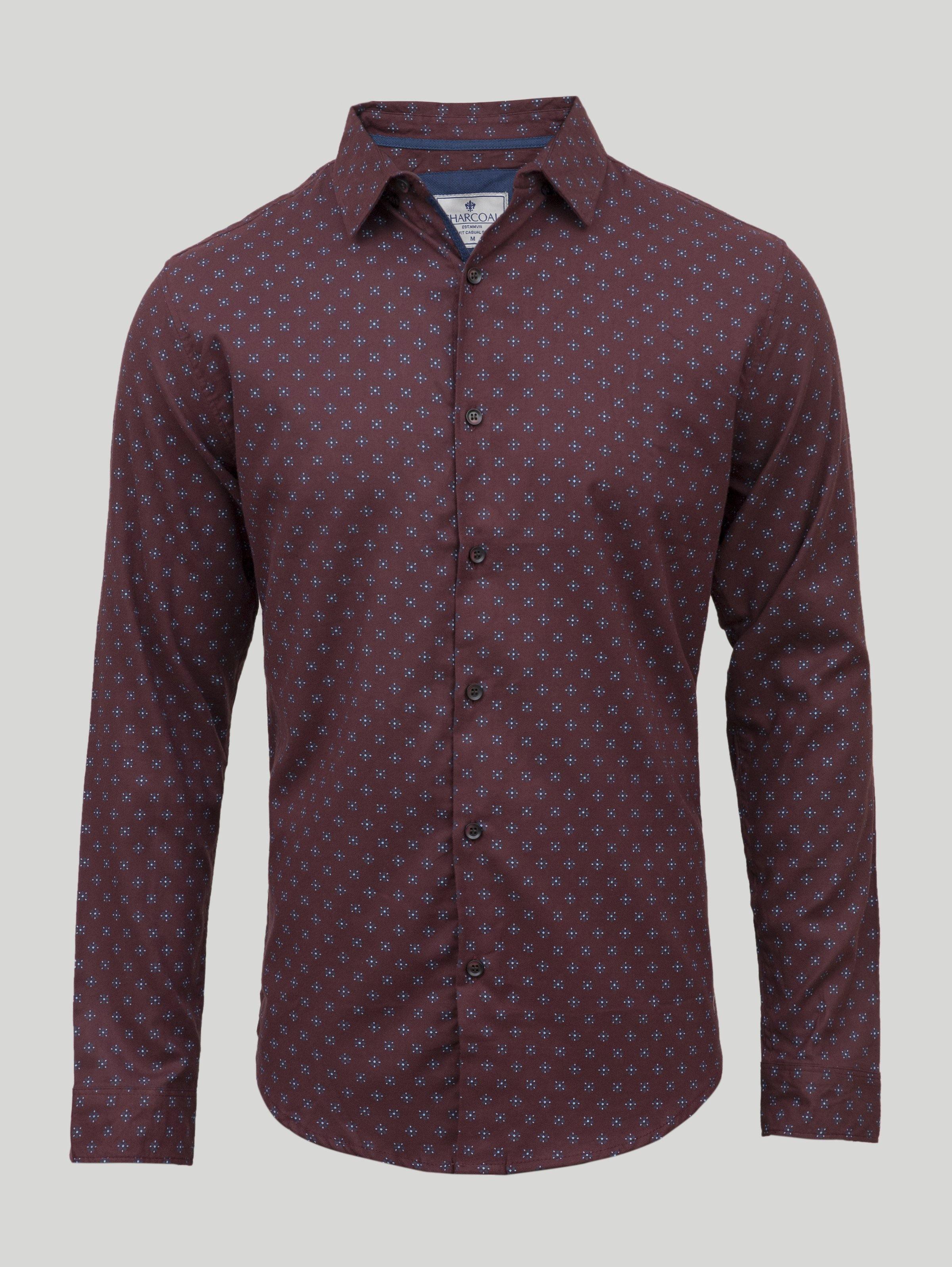 Maroon full-sleeve casual shirt with small geometric pattern and button front