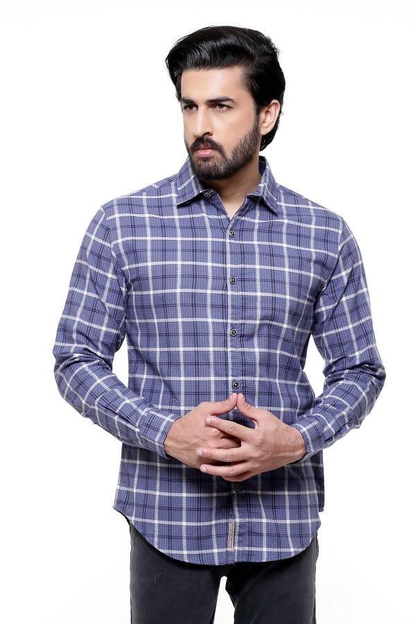 Slim-fit casual shirt with blue check pattern, full sleeves, button front